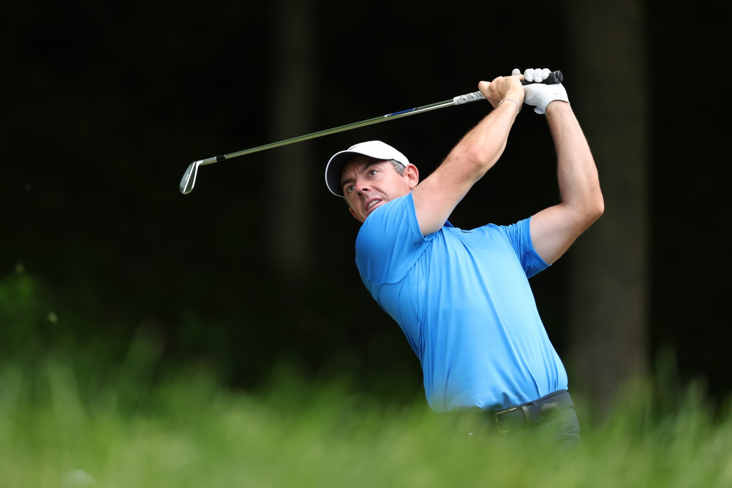 LOUISVILLE, KENTUCKY - MAY 18: Rory McIlroy of Northern Ireland plays a shot on the third hole during the third round of the 2024 PGA Championship at Valhalla Golf Club on May 18, 2024 in Louisville, Kentucky. (Photo by Christian Petersen/Getty Images)