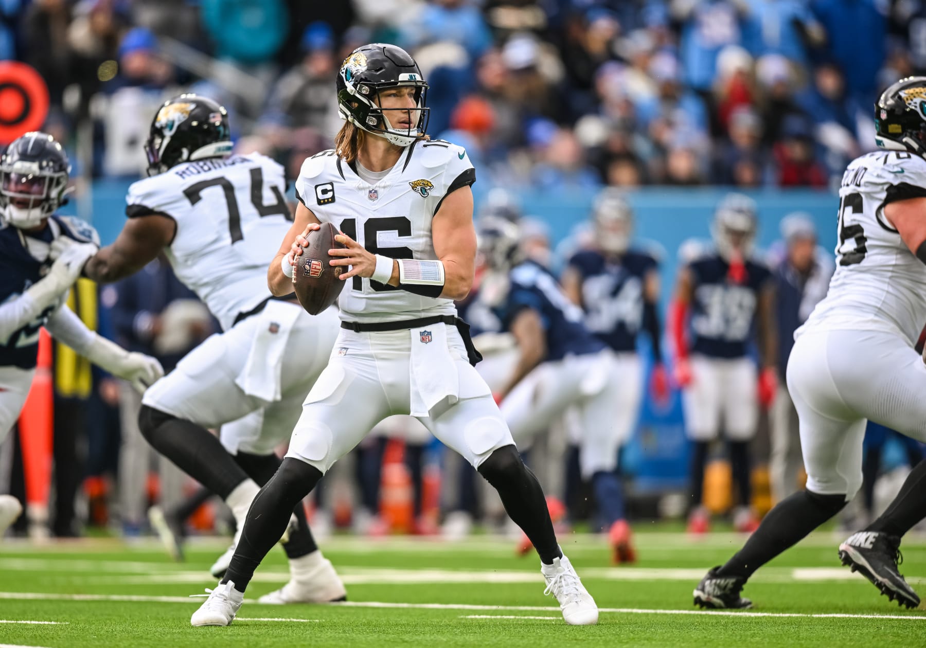 NASHVILLE, TN - JANUARY 07: Jacksonville Jaguars quarterback Trevor Lawrence (16) passes the ball during the NFL game between the Tennessee Titans and the Jacksonville Jaguars on January 7, 2024, at Nissan Stadium in Nashville, TN. (Photo by Bryan Lynn/Icon Sportswire via Getty Images)