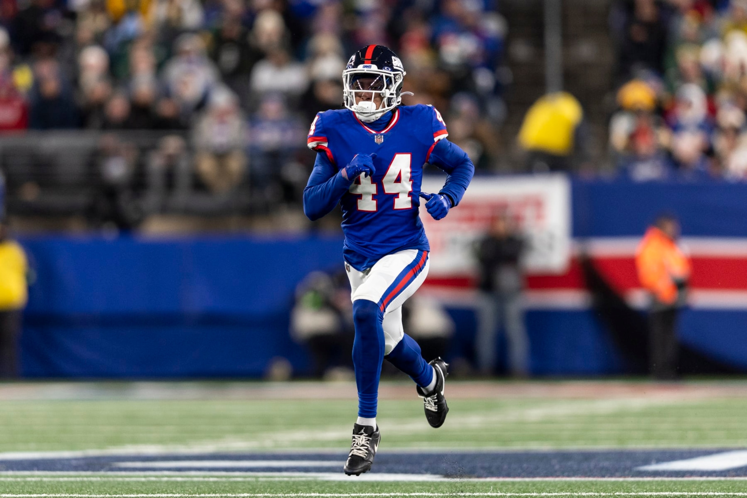 EAST RUTHERFORD, NEW JERSEY - DECEMBER 11: Nick McCloud #44 of the New York Giants runs during an NFL football game between the New York Giants and the Green Bay Packers at MetLife Stadium on December 11, 2023 in East Rutherford, New Jersey. (Photo by Michael Owens/Getty Images)