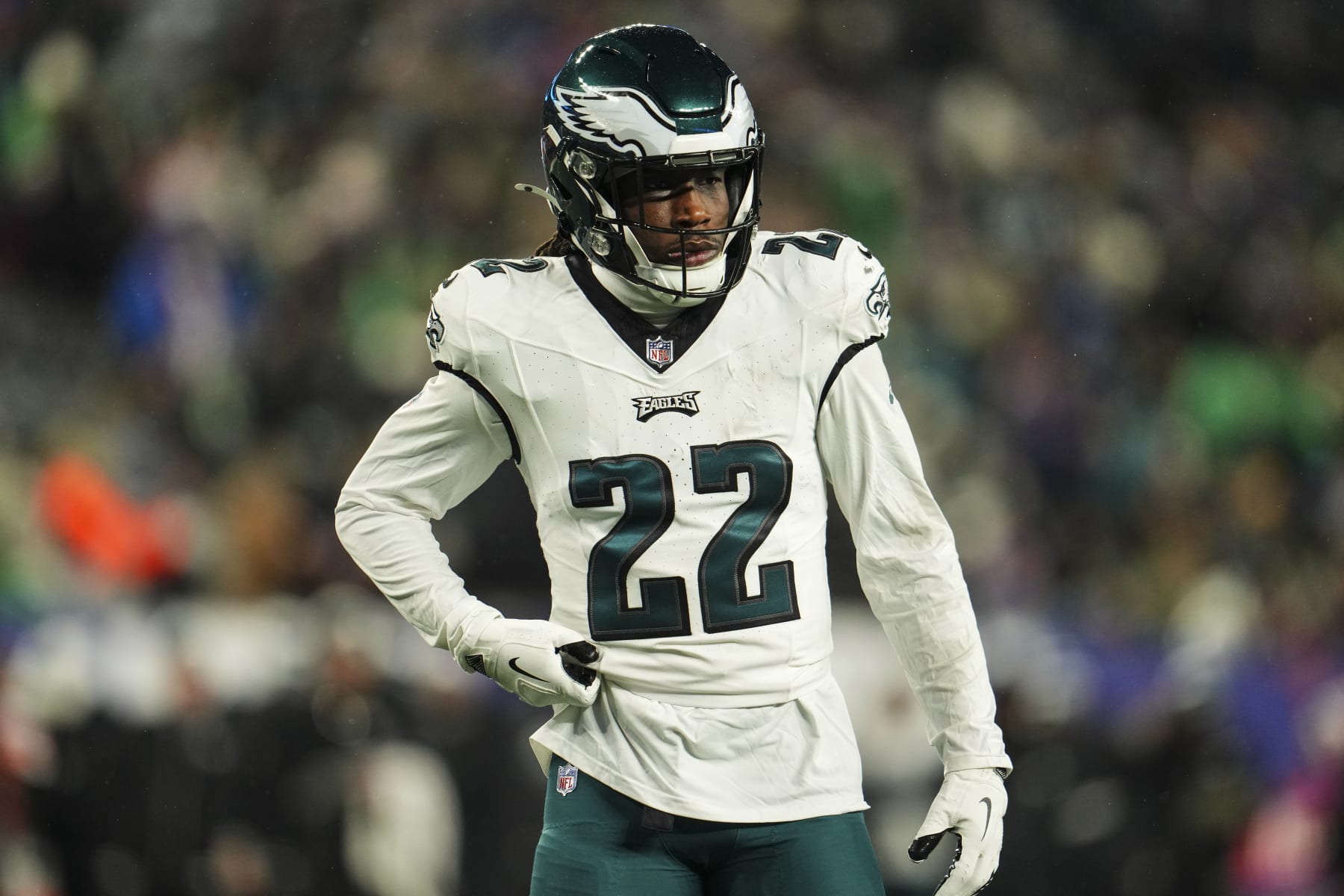 EAST RUTHERFORD, NJ - JANUARY 07: Kelee Ringo #22 of the Philadelphia Eagles looks on from the field during an NFL football game against the New York Giants at MetLife Stadium on January 7, 2024 in East Rutherford, New Jersey. (Photo by Cooper Neill/Getty Images)