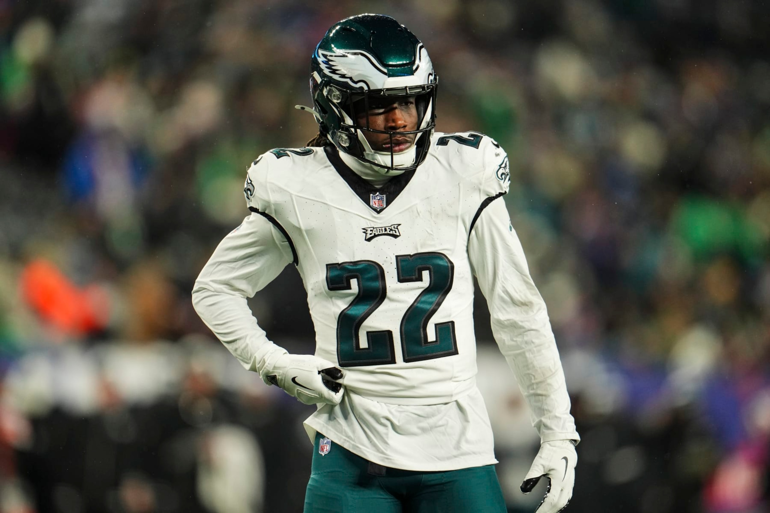 EAST RUTHERFORD, NJ - JANUARY 07: Kelee Ringo #22 of the Philadelphia Eagles looks on from the field during an NFL football game against the New York Giants at MetLife Stadium on January 7, 2024 in East Rutherford, New Jersey. (Photo by Cooper Neill/Getty Images)