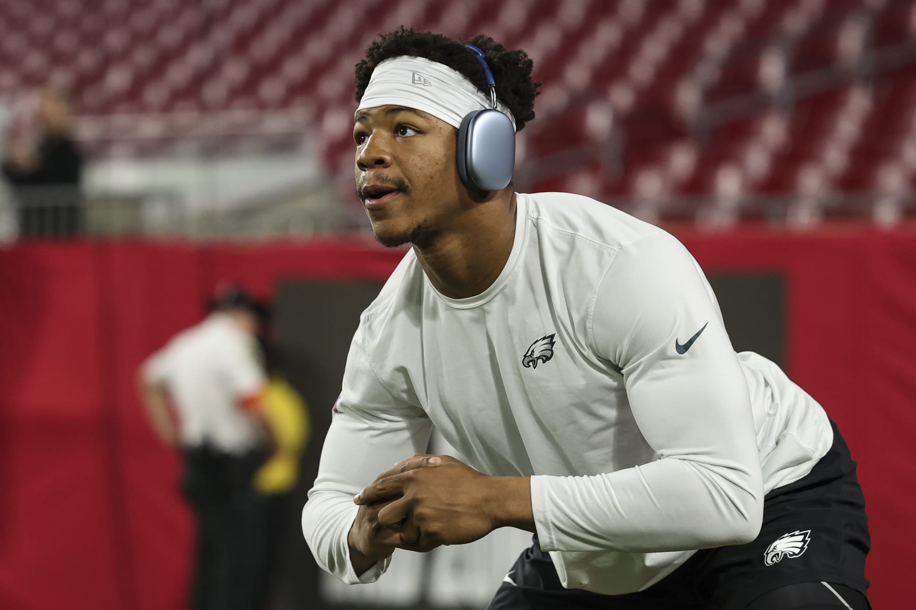 TAMPA, FL - JANUARY 15: Nolan Smith #3 of the Philadelphia Eagles warms up prior to an NFL Wild Card playoff football game against the Tampa Bay Buccaneers at Raymond James Stadium on January 15, 2024 in Tampa, Florida. (Photo by Perry Knotts/Getty Images)