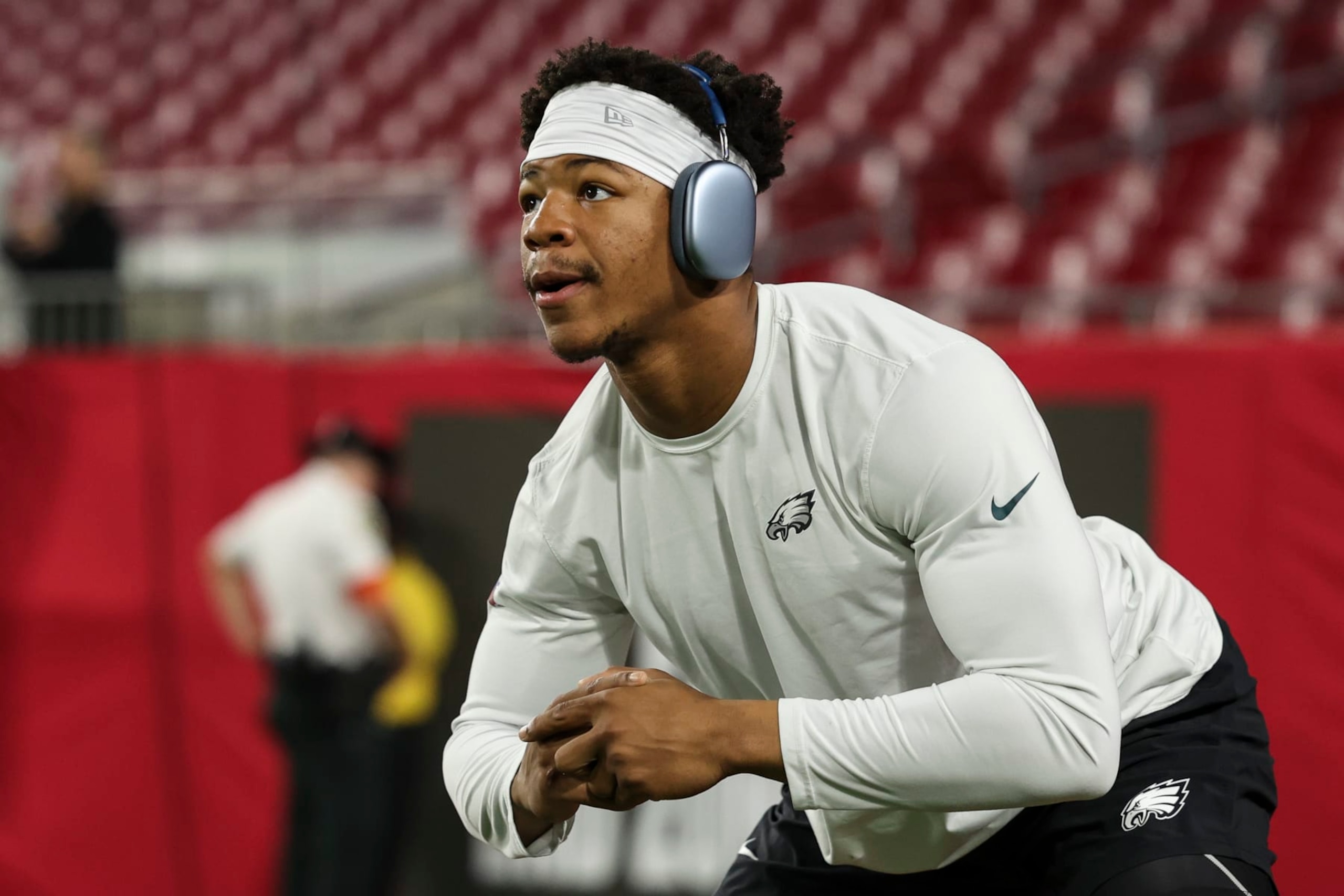 TAMPA, FL - JANUARY 15: Nolan Smith #3 of the Philadelphia Eagles warms up prior to an NFL Wild Card playoff football game against the Tampa Bay Buccaneers at Raymond James Stadium on January 15, 2024 in Tampa, Florida. (Photo by Perry Knotts/Getty Images)