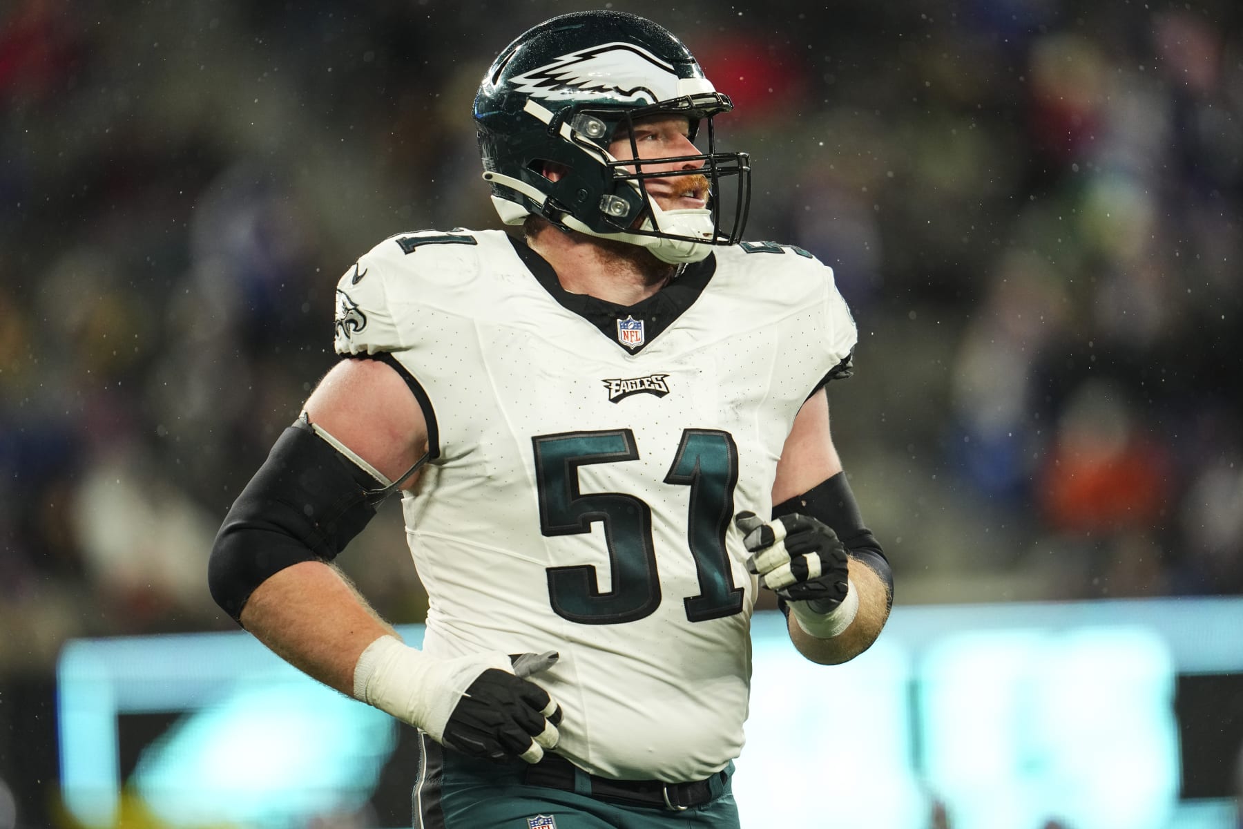 EAST RUTHERFORD, NJ - JANUARY 07: Cam Jurgens #51 of the Philadelphia Eagles looks on from the field during an NFL football game against the New York Giants at MetLife Stadium on January 7, 2024 in East Rutherford, New Jersey. (Photo by Cooper Neill/Getty Images)