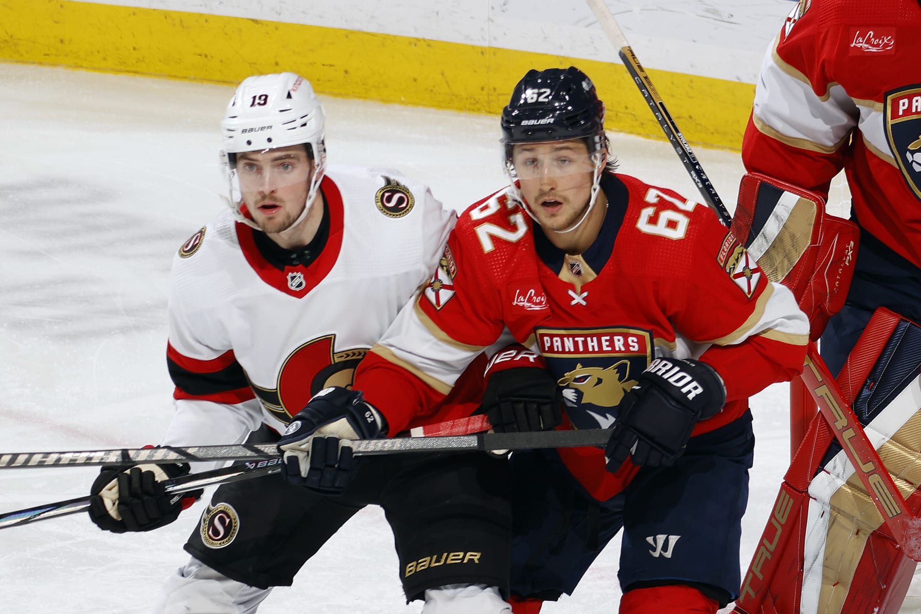 SUNRISE, FL - APRIL 9: Brandon Montour #62 of the Florida Panthers defends against Drake Batherson #19 of the Ottawa Senators at the Amerant Bank Arena on April 9, 2024 in Sunrise, Florida. (Photo by Joel Auerbach/Getty Images)