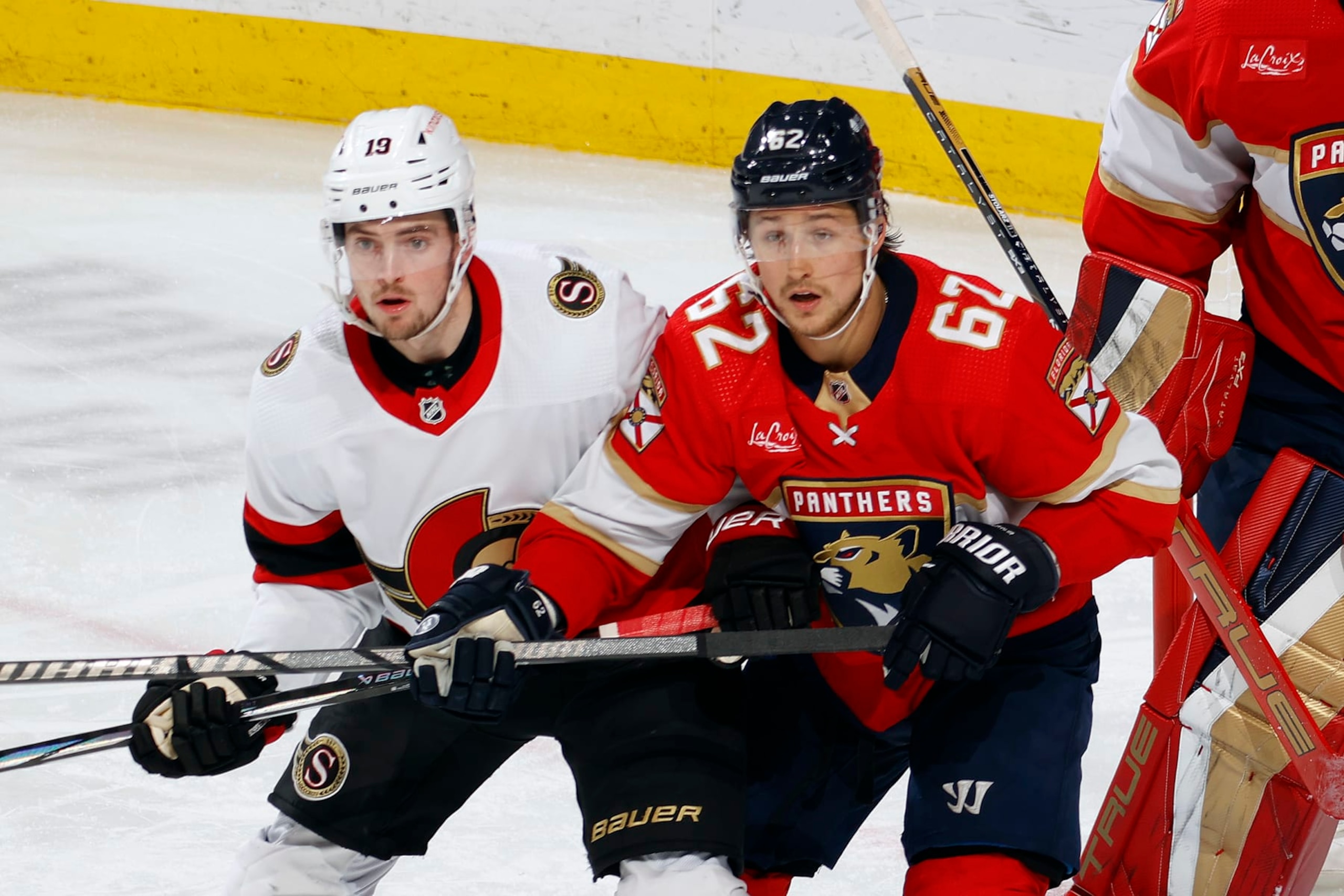 SUNRISE, FL - APRIL 9: Brandon Montour #62 of the Florida Panthers defends against Drake Batherson #19 of the Ottawa Senators at the Amerant Bank Arena on April 9, 2024 in Sunrise, Florida. (Photo by Joel Auerbach/Getty Images)