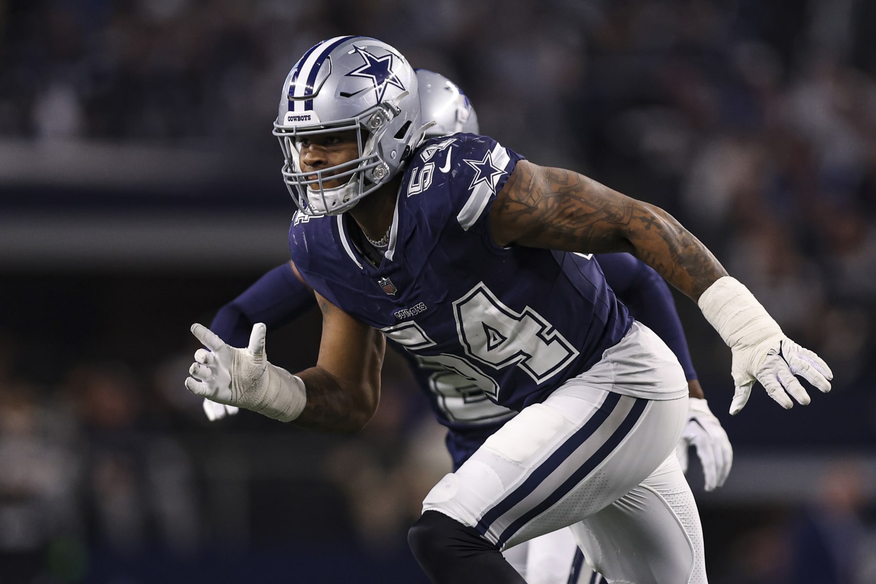 ARLINGTON, TX - DECEMBER 30: Sam Williams #54 of the Dallas Cowboys rushes the passer during an NFL football game against the Detroit Lions at AT&T Stadium on December 30, 2023 in Arlington, Texas. (Photo by Perry Knotts/Getty Images)