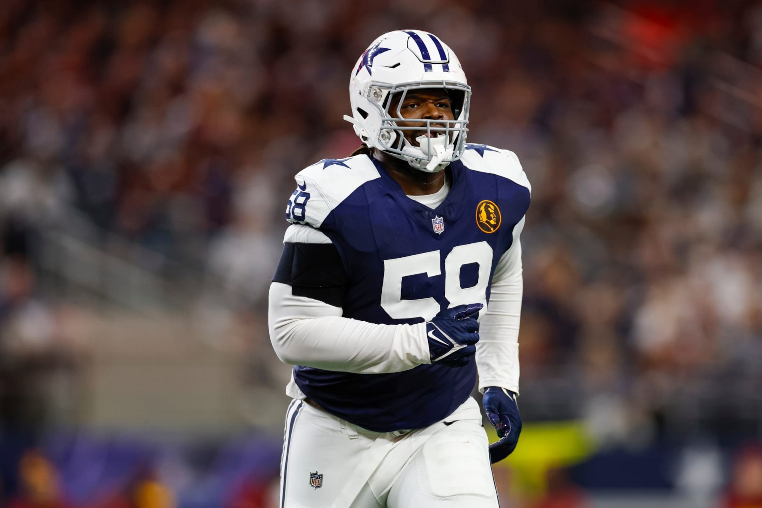 ARLINGTON, TEXAS - NOVEMBER 23: Mazi Smith #58 of the Dallas Cowboys runs towards the sideline against the Washington Commanders during the second half at AT&T Stadium on November 23, 2023 in Arlington, Texas. (Photo by Brandon Sloter/Image Of Sport/Getty Images) ARLINGTON, TEXAS - NOVEMBER 23: Mazi Smith #58 of the Dallas Cowboys runs towards the sideline against the Washington Commanders during the second half at AT&T Stadium on November 23, 2023 in Arlington, Texas. (Photo by Brandon Sloter/Image Of Sport/Getty Images)