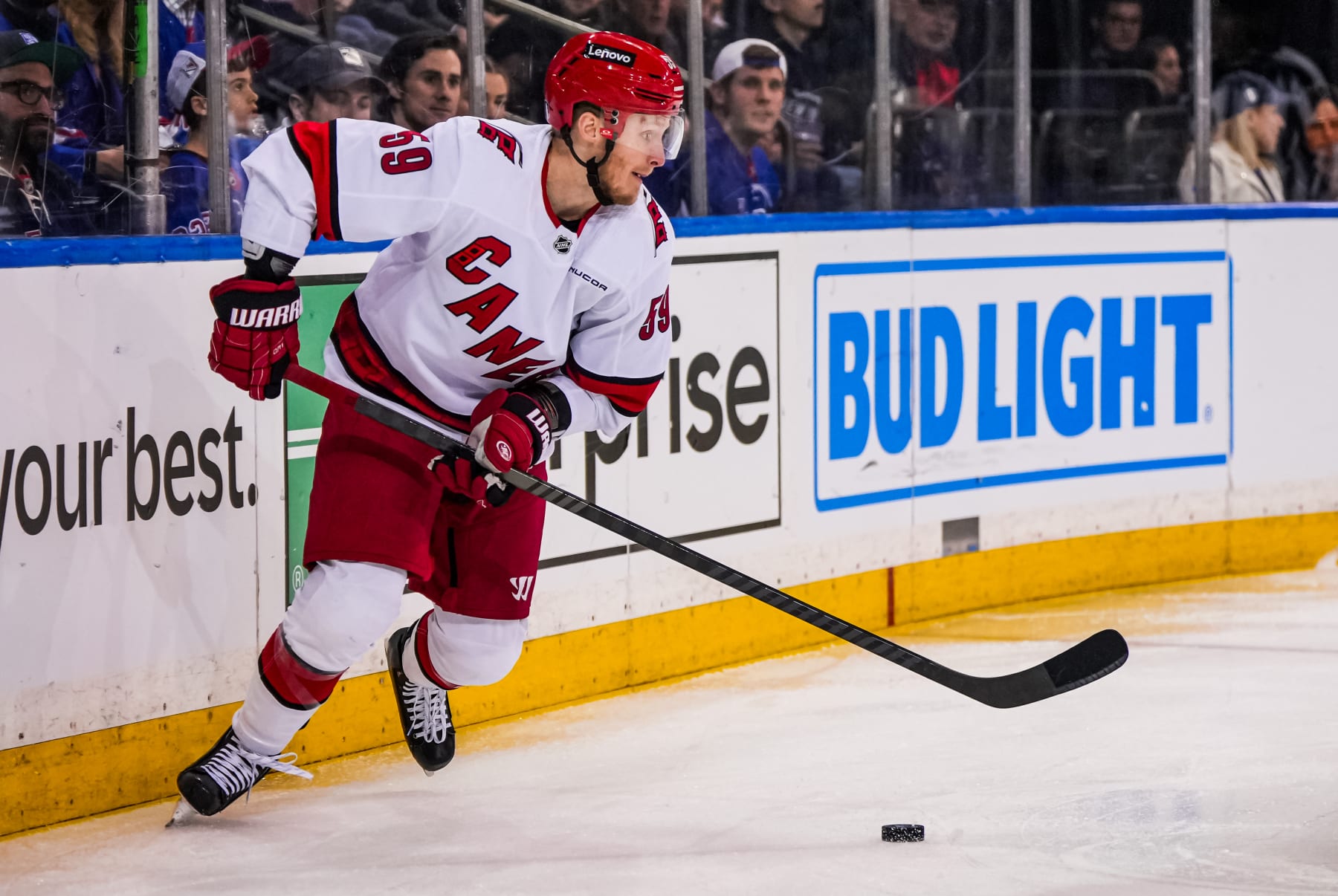 NEW YORK, NEW YORK- MAY 13: Jake Guentzel #59 of the Carolina Hurricanes skates during the first period against the New York Rangers in Game Five of the Second Round of the 2024 Stanley Cup Playoffs at Madison Square Garden on May 13, 2024 in New York City.  (Photo by Josh Lavallee/NHLI via Getty Images)
