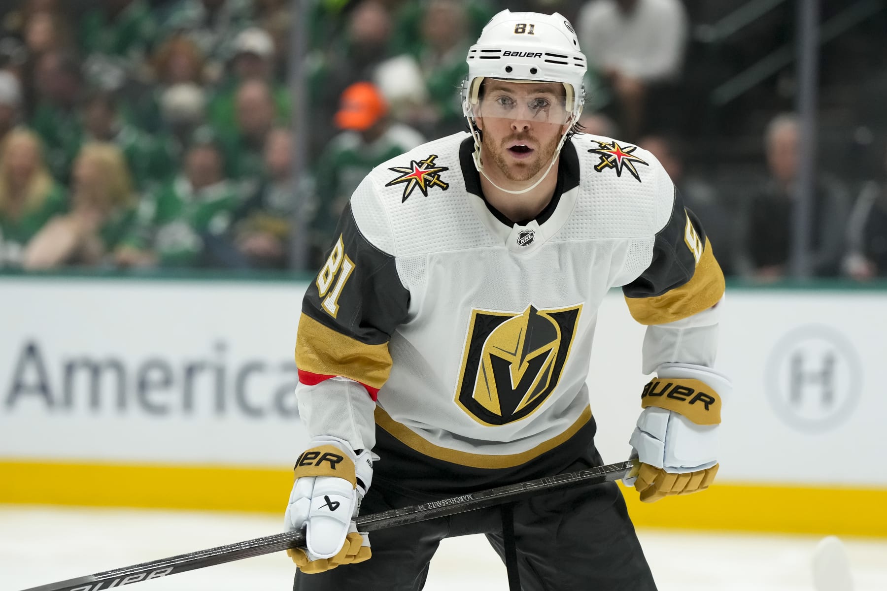 DALLAS, TEXAS - APRIL 22: Jonathan Marchessault #81 of the Vegas Golden Knights looks on during the second period in Game One of the First Round of the 2024 Stanley Cup Playoffs against the Dallas Stars at the American Airlines Center on April 22, 2024 in Dallas, Texas. (Photo by Sam Hodde/Getty Images)