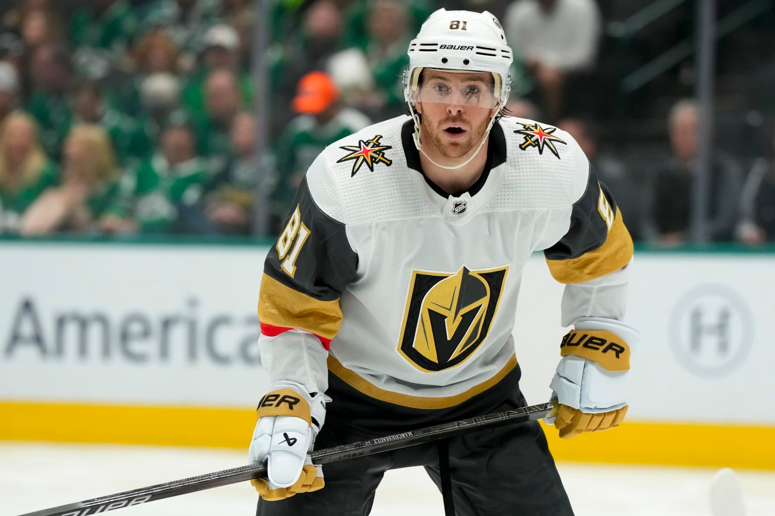 DALLAS, TEXAS - APRIL 22: Jonathan Marchessault #81 of the Vegas Golden Knights looks on during the second period in Game One of the First Round of the 2024 Stanley Cup Playoffs against the Dallas Stars at the American Airlines Center on April 22, 2024 in Dallas, Texas. (Photo by Sam Hodde/Getty Images)