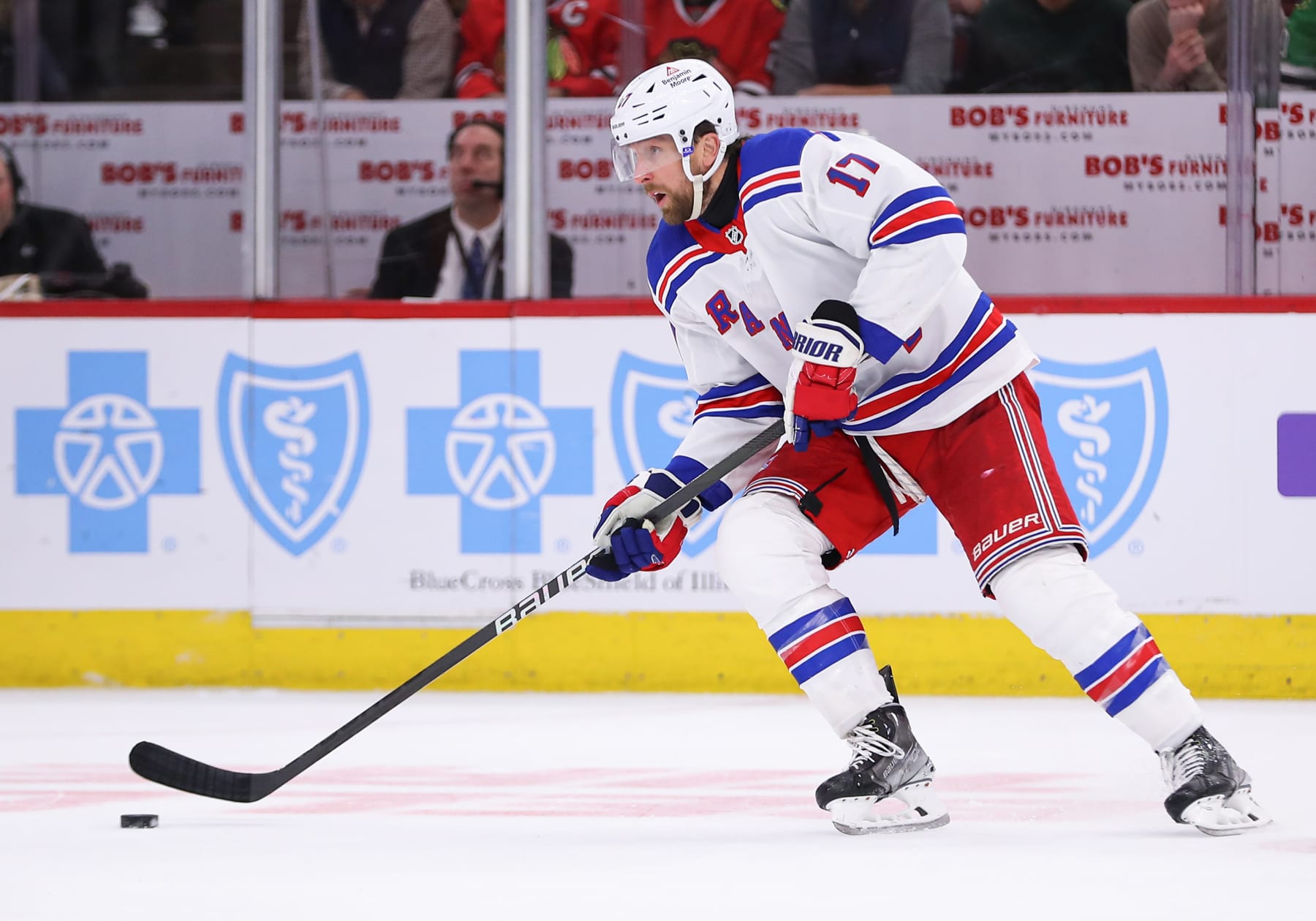 CHICAGO, IL - FEBRUARY 09: Blake Wheeler #17 of the New York Rangers skates with the puck during overtime against the Chicago Blackhawks at the United Center on February 9, 2024 in Chicago, Illinois. (Photo by Melissa Tamez/Icon Sportswire via Getty Images)
