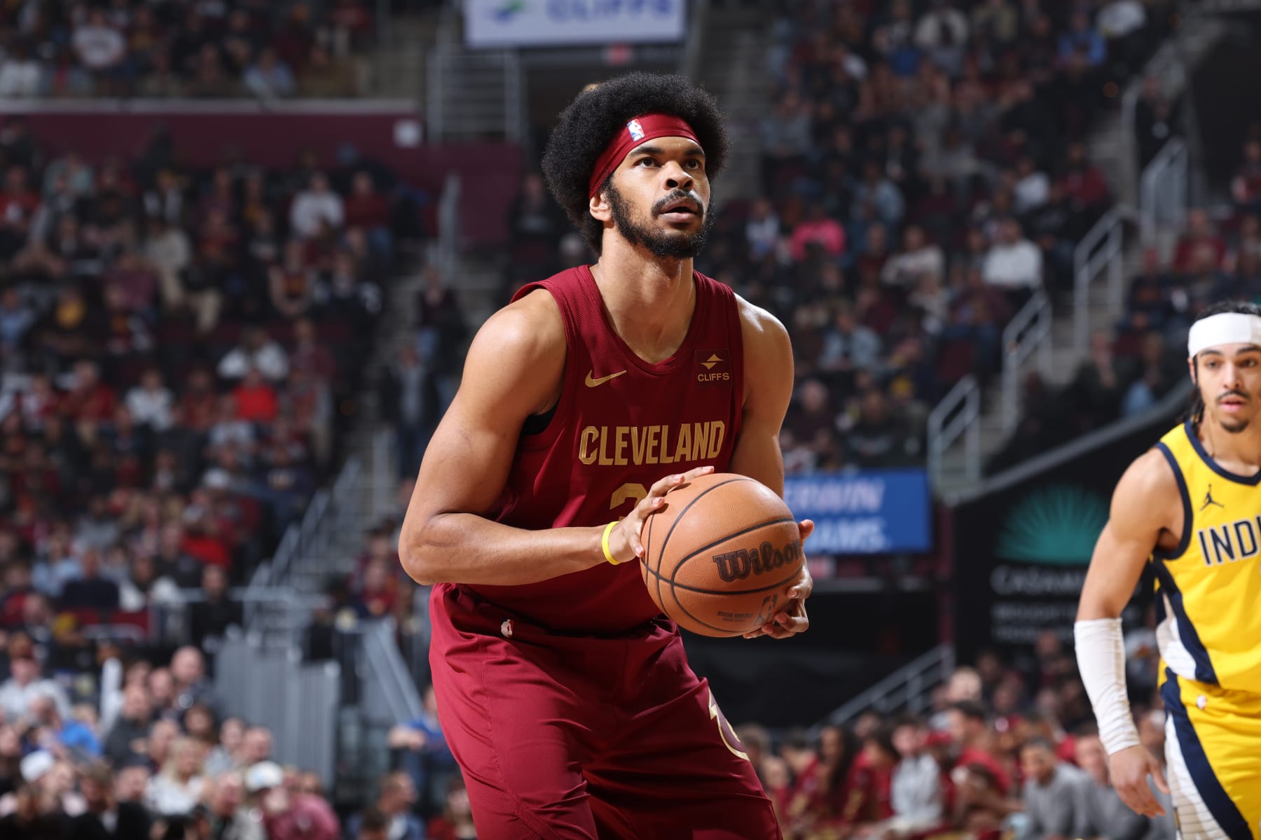 CLEVELAND, OH - APRIL 12: Jarrett Allen #31 of the Cleveland Cavaliers shoots a free throw during the game /against the Indiana Pacers on April 12, 2024 at Rocket Mortgage FieldHouse in Cleveland, Ohio. NOTE TO USER: User expressly acknowledges and agrees that, by downloading and/or using this Photograph, user is consenting to the terms and conditions of the Getty Images License Agreement. Mandatory Copyright Notice: Copyright 2024 NBAE (Photo by Jeff Haynes/NBAE via Getty Images)
