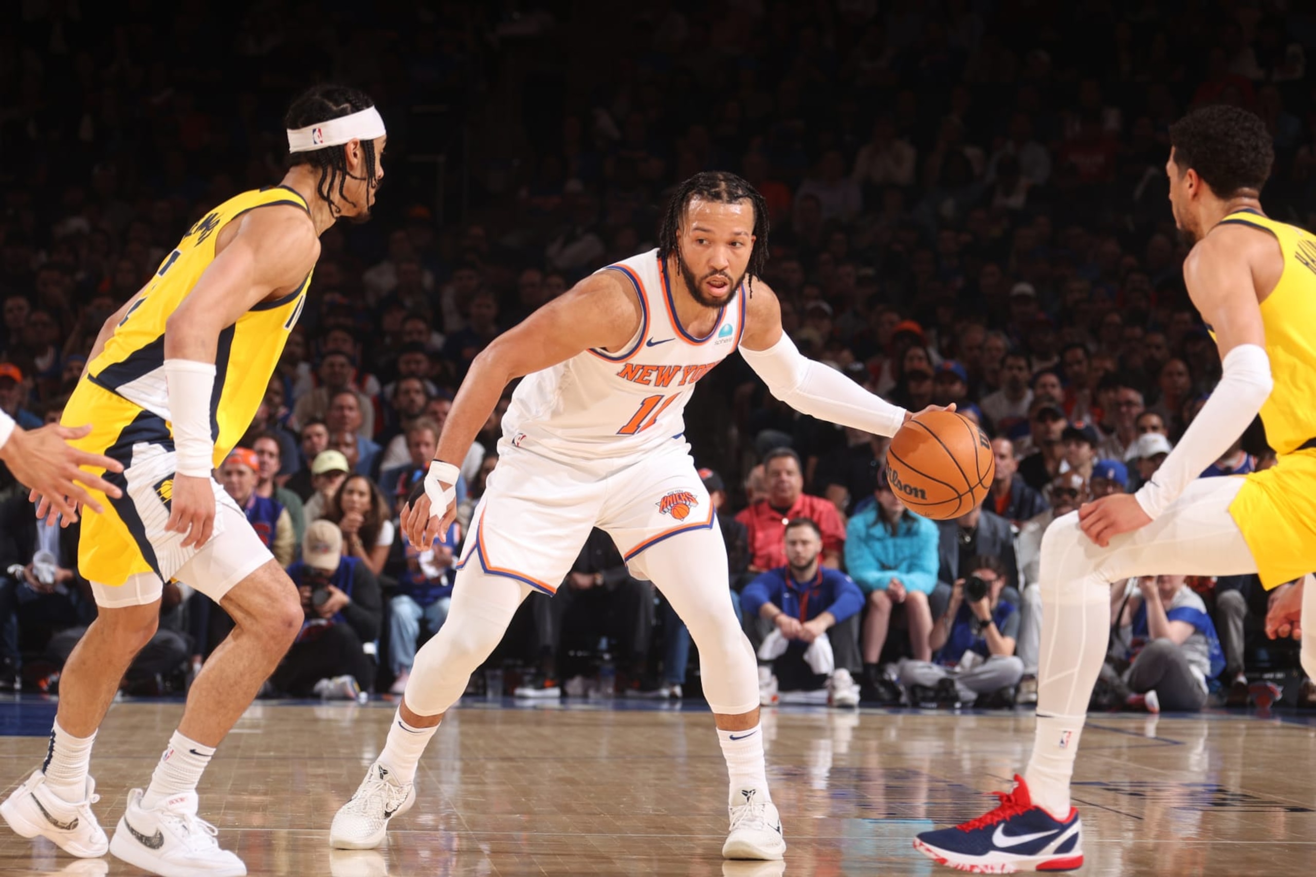 NEW YORK, NY - MAY 19: Jalen Brunson #11 of the New York Knicks dribbles the ball during the game against the Indiana Pacers during Round 2 Game 7 of the 2024 NBA Playoffs on May 19, 2024 at Madison Square Garden in New York City, New York.  NOTE TO USER: User expressly acknowledges and agrees that, by downloading and or using this photograph, User is consenting to the terms and conditions of the Getty Images License Agreement. Mandatory Copyright Notice: Copyright 2024 NBAE  (Photo by Nathaniel S. Butler/NBAE via Getty Images)