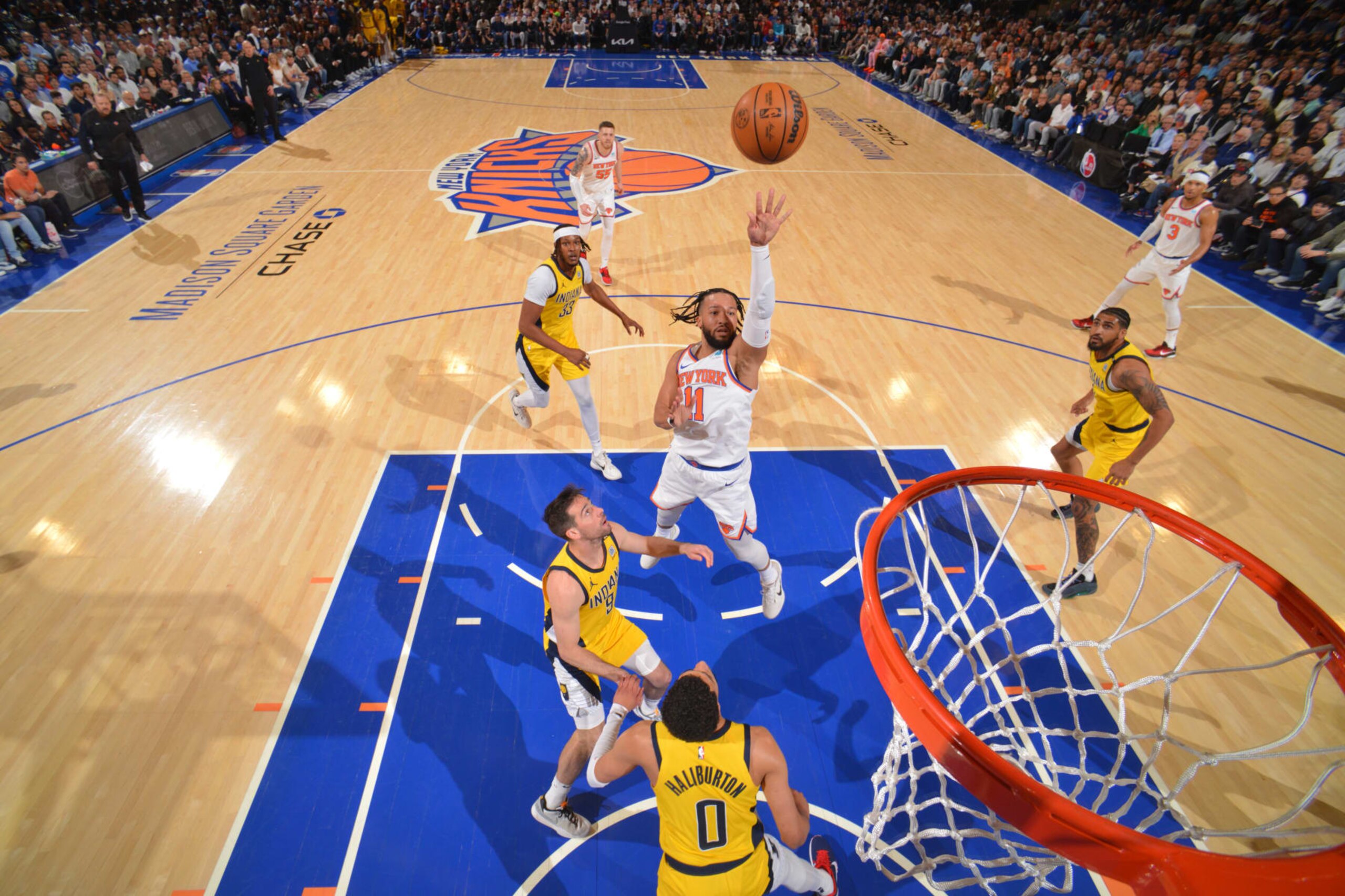 NEW YORK, NY - MAY 19: Jalen Brunson #11 of the New York Knicks drives to the basket during the game against the Indiana Pacers during Round 2 Game 7 of the 2024 NBA Playoffs on May 19, 2024 at Madison Square Garden in New York City, New York.  NOTE TO USER: User expressly acknowledges and agrees that, by downloading and or using this photograph, User is consenting to the terms and conditions of the Getty Images License Agreement. Mandatory Copyright Notice: Copyright 2024 NBAE  (Photo by Jesse D. Garrabrant/NBAE via Getty Images)