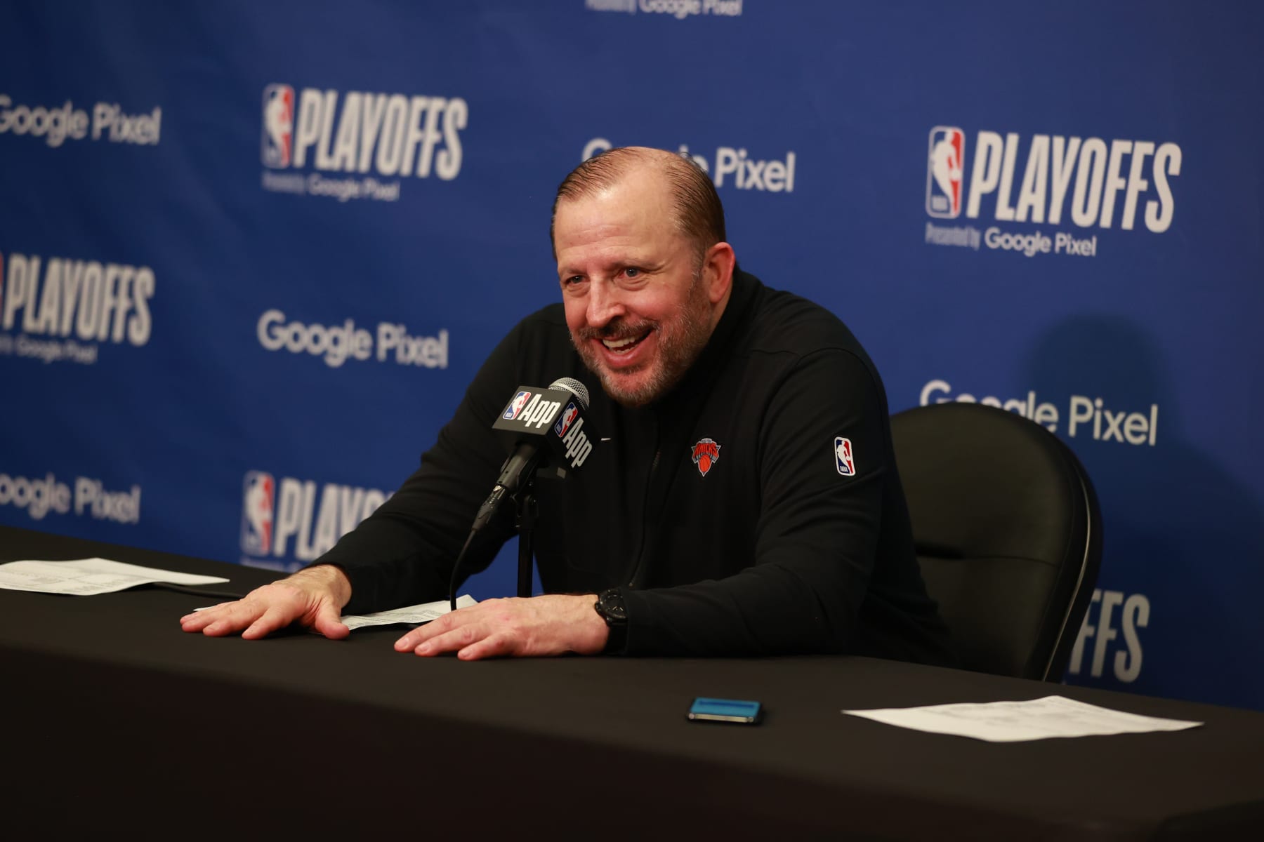 PHILADELPHIA, PA - MAY 2: Head Coach Tom Thibodeau of the New York Knicks talks to the media after the game against the Philadelphia 76ers during Round 1 Game 6 on May 2, 2024 at the Wells Fargo Center in Philadelphia, Pennsylvania NOTE TO USER: User expressly acknowledges and agrees that, by downloading and/or using this Photograph, user is consenting to the terms and conditions of the Getty Images License Agreement. Mandatory Copyright Notice: Copyright 2023 NBAE (Photo by Nathaniel S. Butler/NBAE via Getty Images)