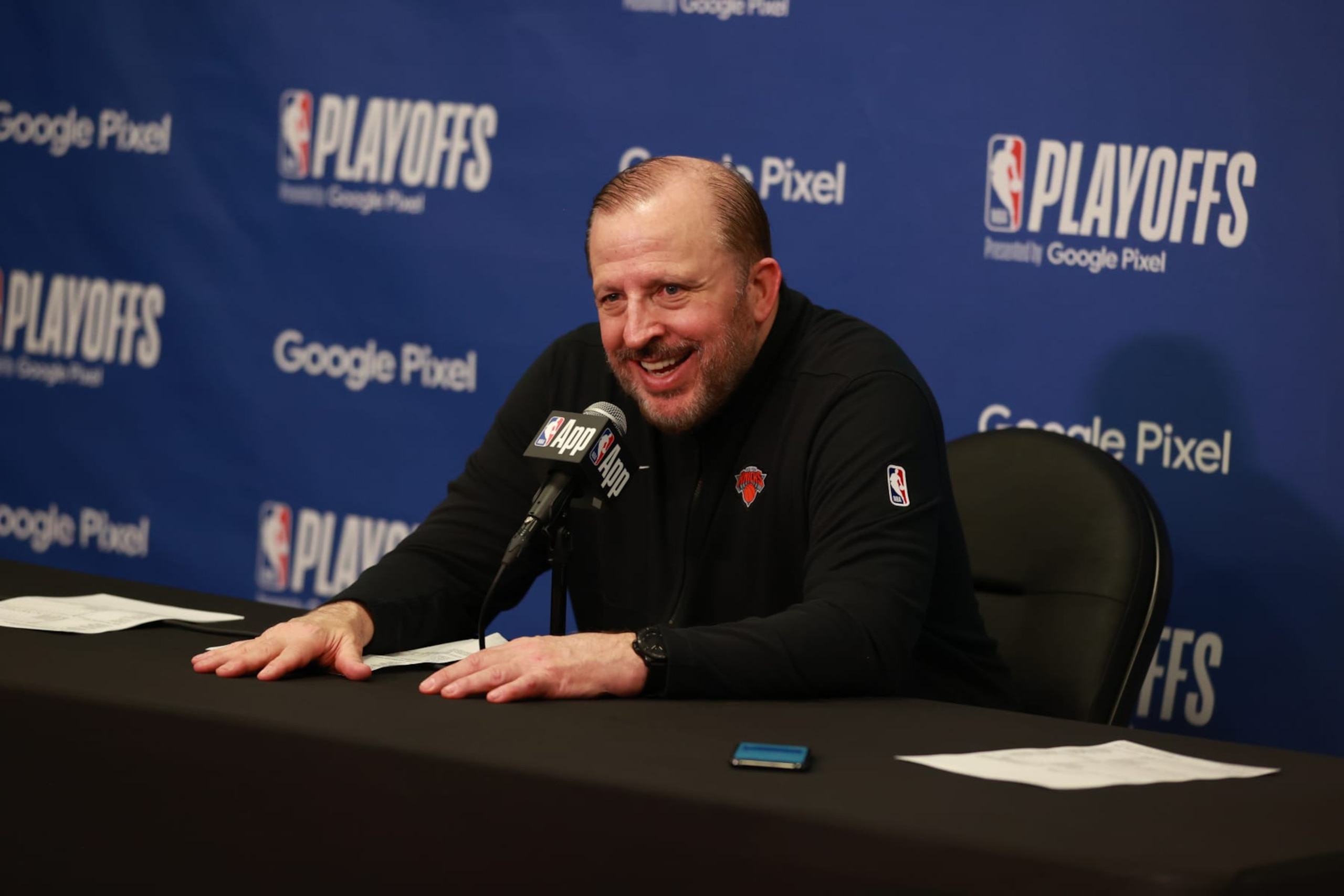 PHILADELPHIA, PA - MAY 2: Head Coach Tom Thibodeau of the New York Knicks talks to the media after the game against the Philadelphia 76ers during Round 1 Game 6 on May 2, 2024 at the Wells Fargo Center in Philadelphia, Pennsylvania NOTE TO USER: User expressly acknowledges and agrees that, by downloading and/or using this Photograph, user is consenting to the terms and conditions of the Getty Images License Agreement. Mandatory Copyright Notice: Copyright 2023 NBAE (Photo by Nathaniel S. Butler/NBAE via Getty Images) PHILADELPHIA, PA - MAY 2: Head Coach Tom Thibodeau of the New York Knicks talks to the media after the game against the Philadelphia 76ers during Round 1 Game 6 on May 2, 2024 at the Wells Fargo Center in Philadelphia, Pennsylvania NOTE TO USER: User expressly acknowledges and agrees that, by downloading and/or using this Photograph, user is consenting to the terms and conditions of the Getty Images License Agreement. Mandatory Copyright Notice: Copyright 2023 NBAE (Photo by Nathaniel S. Butler/NBAE via Getty Images)