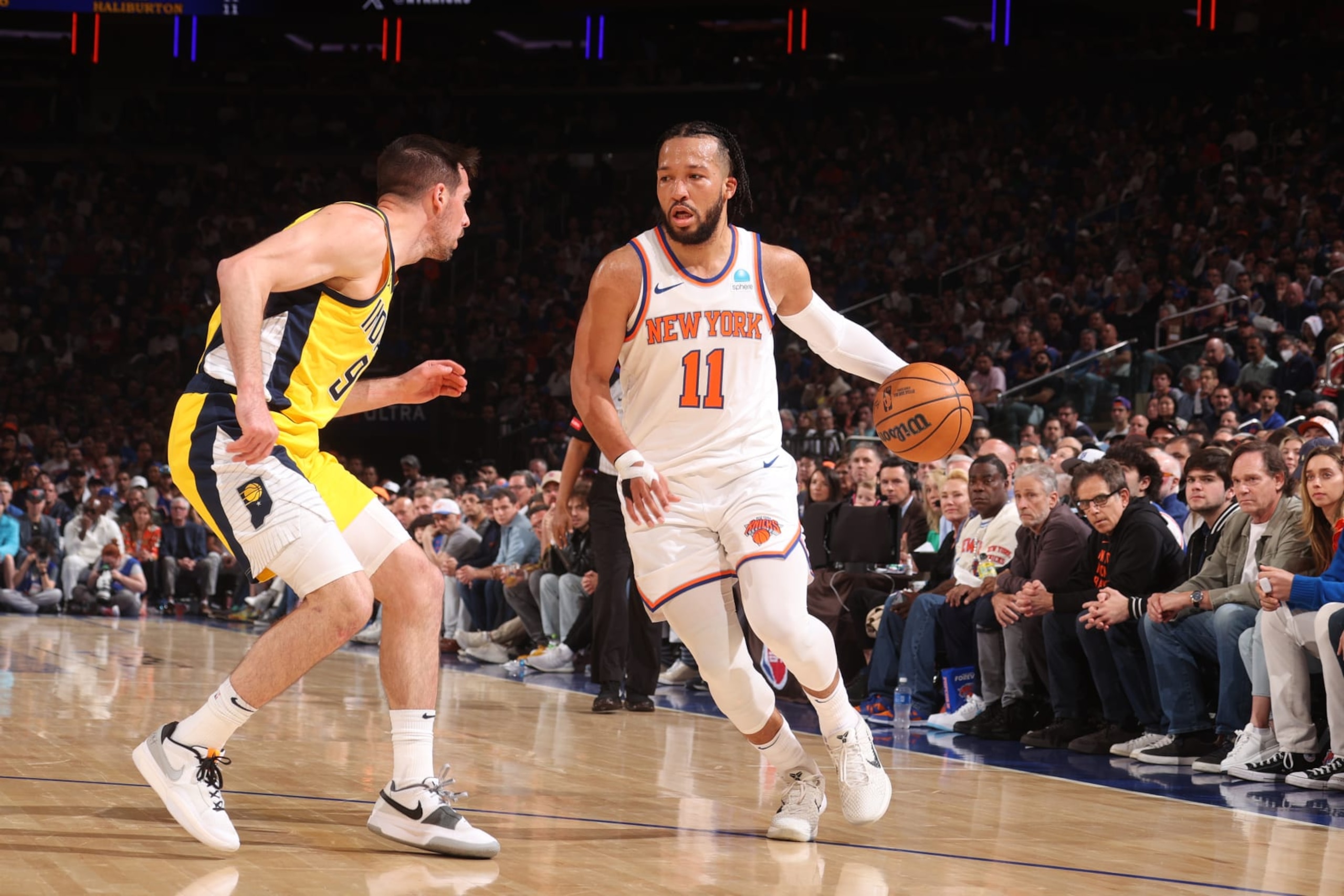 NEW YORK, NY - MAY 19: Jalen Brunson #11 of the New York Knicks dribbles the ball during the game against the Indiana Pacers during Round 2 Game 7 of the 2024 NBA Playoffs on May 19, 2024 at Madison Square Garden in New York City, New York.  NOTE TO USER: User expressly acknowledges and agrees that, by downloading and or using this photograph, User is consenting to the terms and conditions of the Getty Images License Agreement. Mandatory Copyright Notice: Copyright 2024 NBAE  (Photo by Nathaniel S. Butler/NBAE via Getty Images)