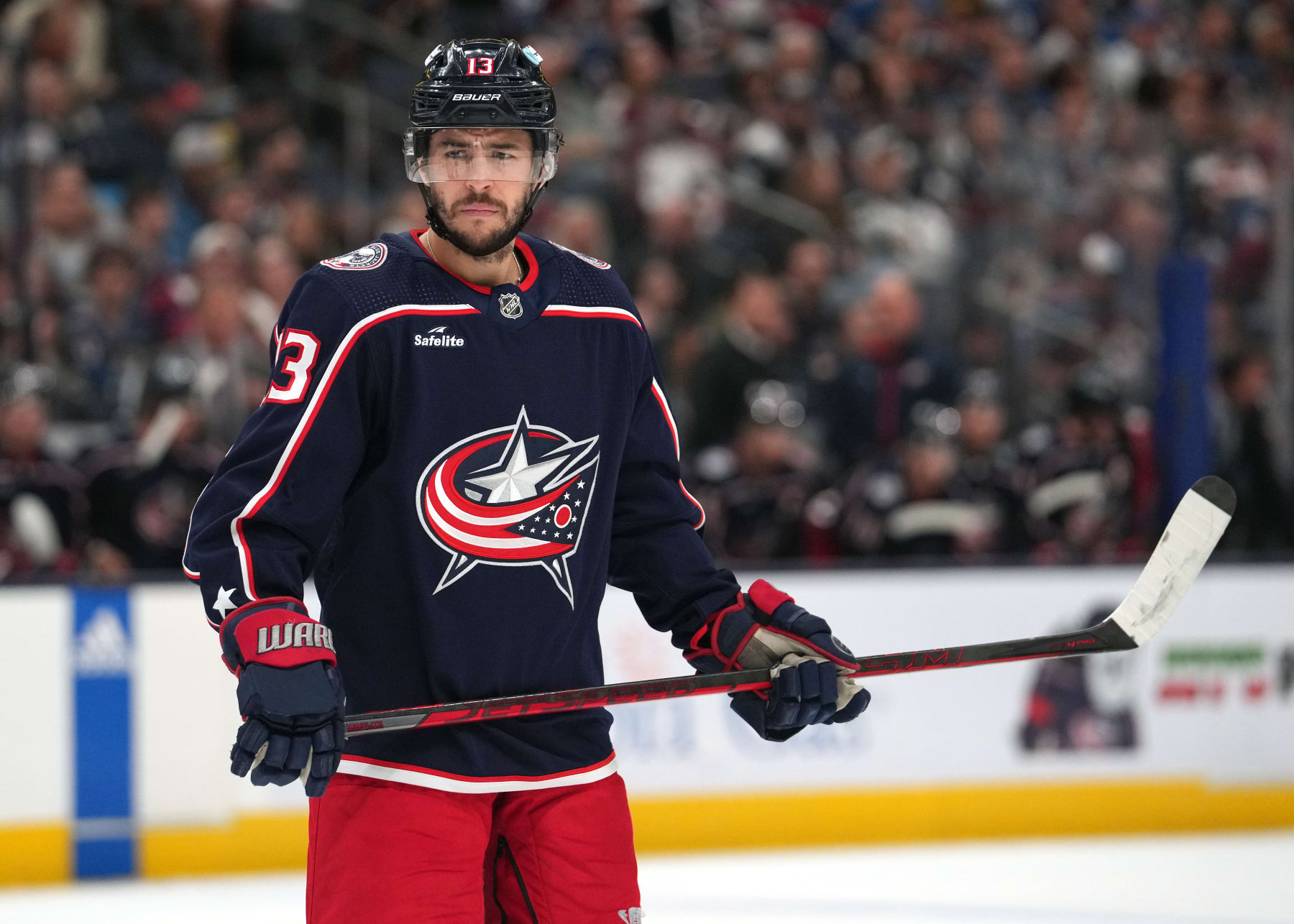 COLUMBUS, OHIO - APRIL 01: Johnny Gaudreau #13 of the Columbus Blue Jackets takes a break during a stoppage in play against the Colorado Avalanche at Nationwide Arena on April 01, 2024 in Columbus, Ohio. (Photo by Jason Mowry/Getty Images)