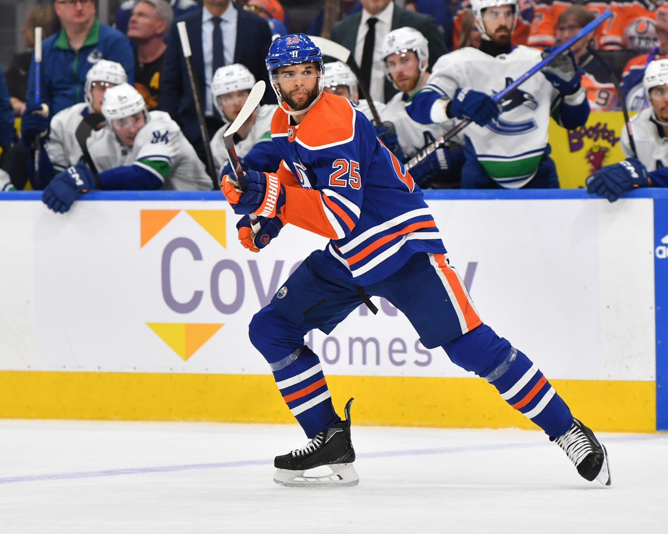 EDMONTON, CANADA - MAY 12: Darnell Nurse #25 of the Edmonton Oilers in action during Game Three of the Second Round of the 2024 Stanley Cup Playoffs against the Vancouver Canucks at Rogers Place on May 12, 2024, in Edmonton, Alberta, Canada. (Photo by Andy Devlin/NHLI via Getty Images)