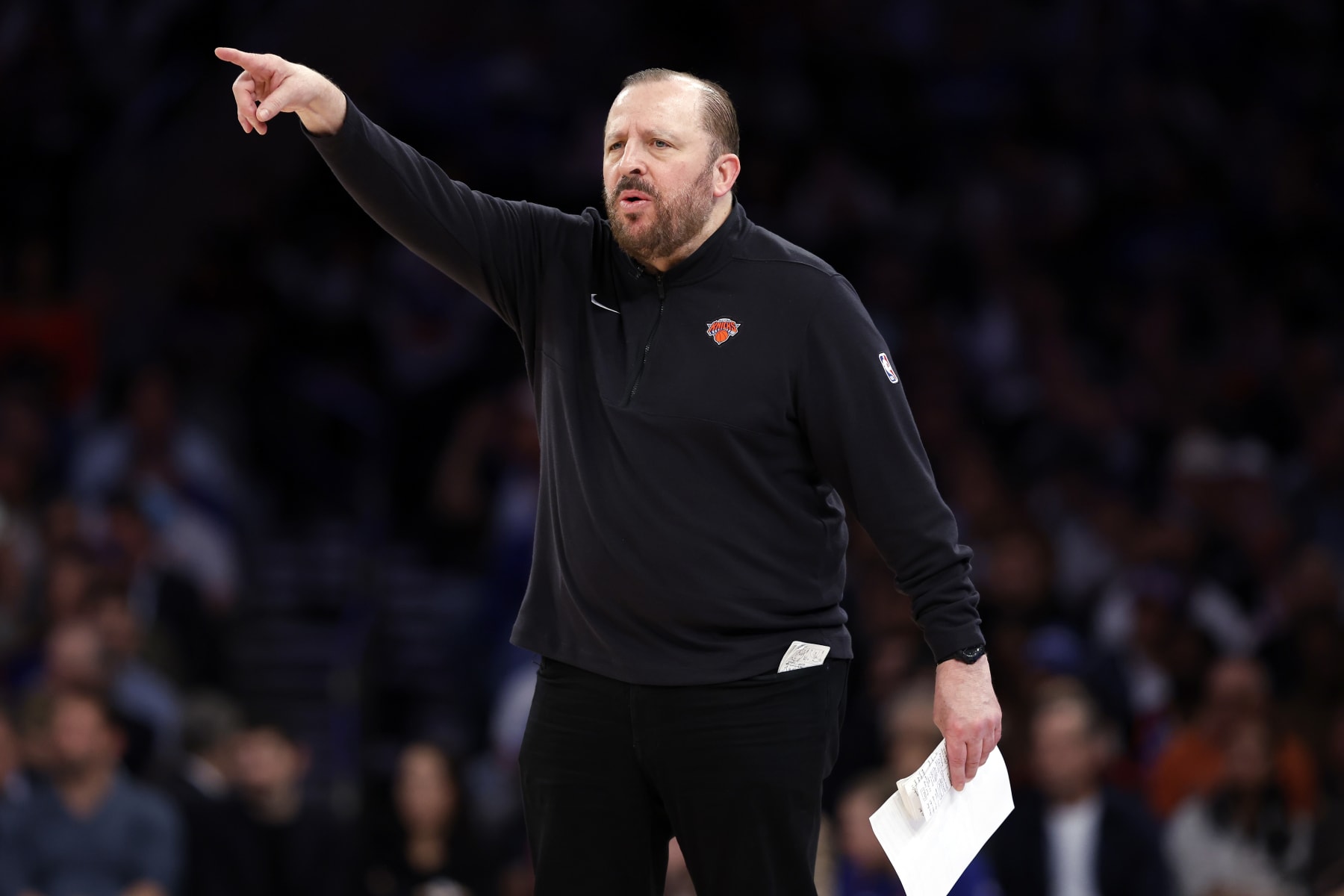 NEW YORK, NEW YORK - MAY 14: Head coach Tom Thibodeau of the New York Knicks directs his team during Game Five of the Eastern Conference Second Round Playoffs against the Indiana Pacers at Madison Square Garden on May 14, 2024 in New York City. The Knicks won 121-91. NOTE TO USER: User expressly acknowledges and agrees that, by downloading and or using this photograph, User is consenting to the terms and conditions of the Getty Images License Agreement. (Photo by Sarah Stier/Getty Images)