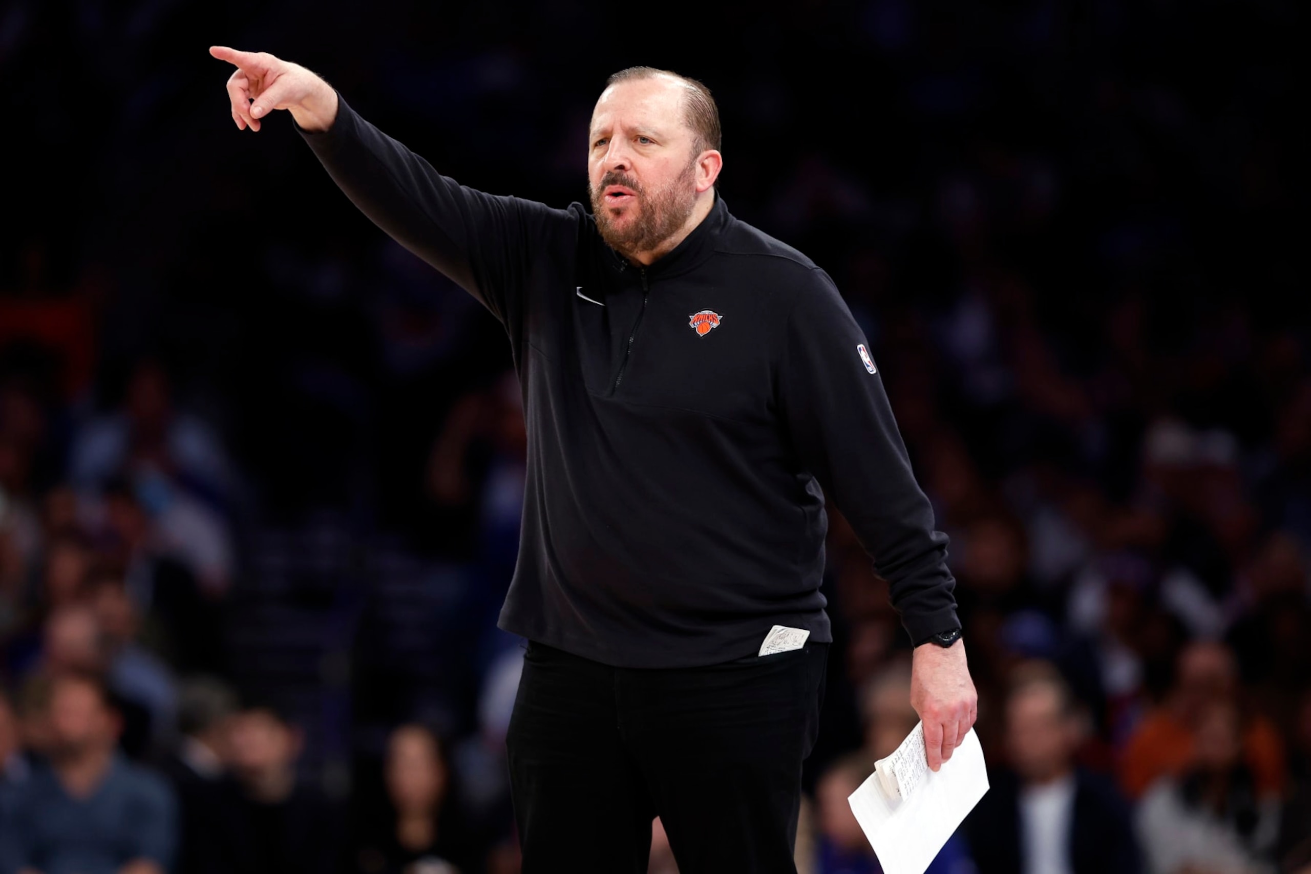 NEW YORK, NEW YORK - MAY 14: Head coach Tom Thibodeau of the New York Knicks directs his team during Game Five of the Eastern Conference Second Round Playoffs against the Indiana Pacers at Madison Square Garden on May 14, 2024 in New York City. The Knicks won 121-91. NOTE TO USER: User expressly acknowledges and agrees that, by downloading and or using this photograph, User is consenting to the terms and conditions of the Getty Images License Agreement. (Photo by Sarah Stier/Getty Images)