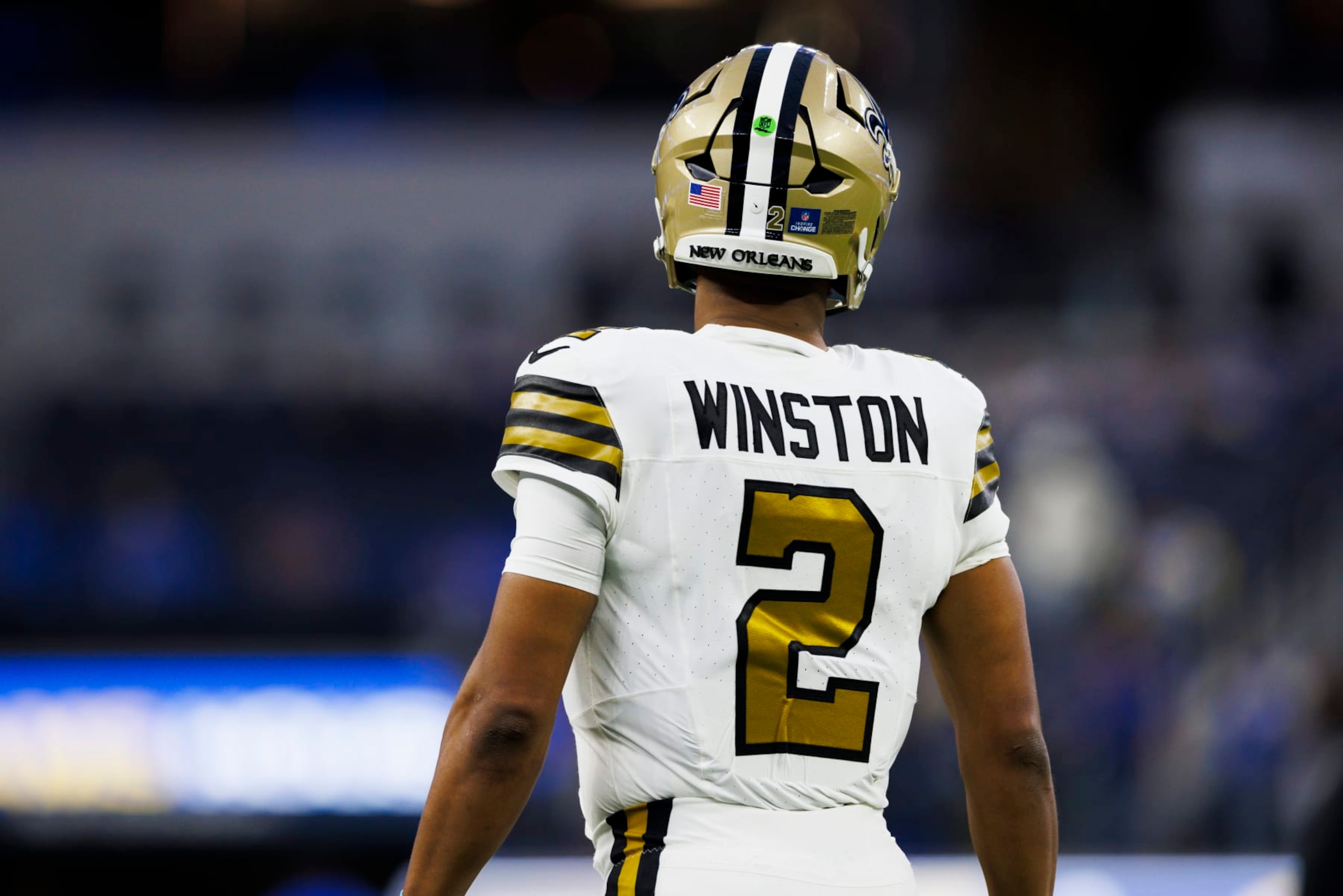 INGLEWOOD, CALIFORNIA - DECEMBER 21: Jameis Winston #2 of the New Orleans Saints back during a game against the Los Angeles Rams at SoFi Stadium on December 21, 2023 in Inglewood, California. (Photo by Ric Tapia/Getty Images)