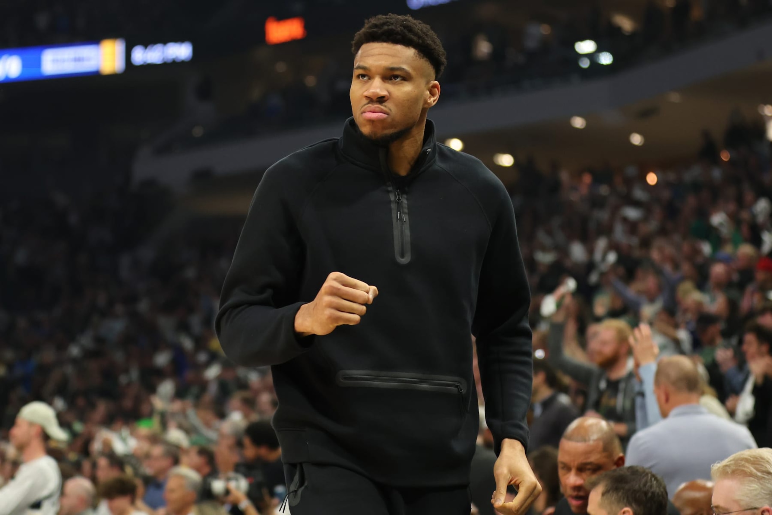 MILWAUKEE, WISCONSIN - APRIL 30: Giannis Antetokounmpo #34 of the Milwaukee Bucks watches action during the first half of game five of the Eastern Conference First Round Playoffs against the Indiana Pacers at Fiserv Forum on April 30, 2024 in Milwaukee, Wisconsin. NOTE TO USER: User expressly acknowledges and agrees that, by downloading and or using this photograph, User is consenting to the terms and conditions of the Getty Images License Agreement. (Photo by Stacy Revere/Getty Images) MILWAUKEE, WISCONSIN - APRIL 30: Giannis Antetokounmpo #34 of the Milwaukee Bucks watches action during the first half of game five of the Eastern Conference First Round Playoffs against the Indiana Pacers at Fiserv Forum on April 30, 2024 in Milwaukee, Wisconsin. NOTE TO USER: User expressly acknowledges and agrees that, by downloading and or using this photograph, User is consenting to the terms and conditions of the Getty Images License Agreement. (Photo by Stacy Revere/Getty Images)