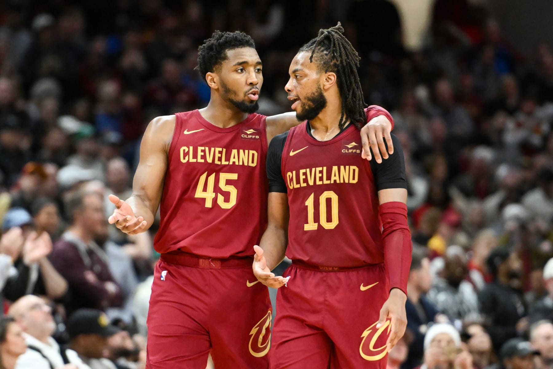 CLEVELAND, OHIO - APRIL 12: Donovan Mitchell #45 of the Cleveland Cavaliers talks with Darius Garland #10 during the second half against the Indiana Pacers at Rocket Mortgage Fieldhouse on April 12, 2024 in Cleveland, Ohio. NOTE TO USER: User expressly acknowledges and agrees that, by downloading and or using this photograph, User is consenting to the terms and conditions of the Getty Images License Agreement. (Photo by Nick Cammett/Getty Images)