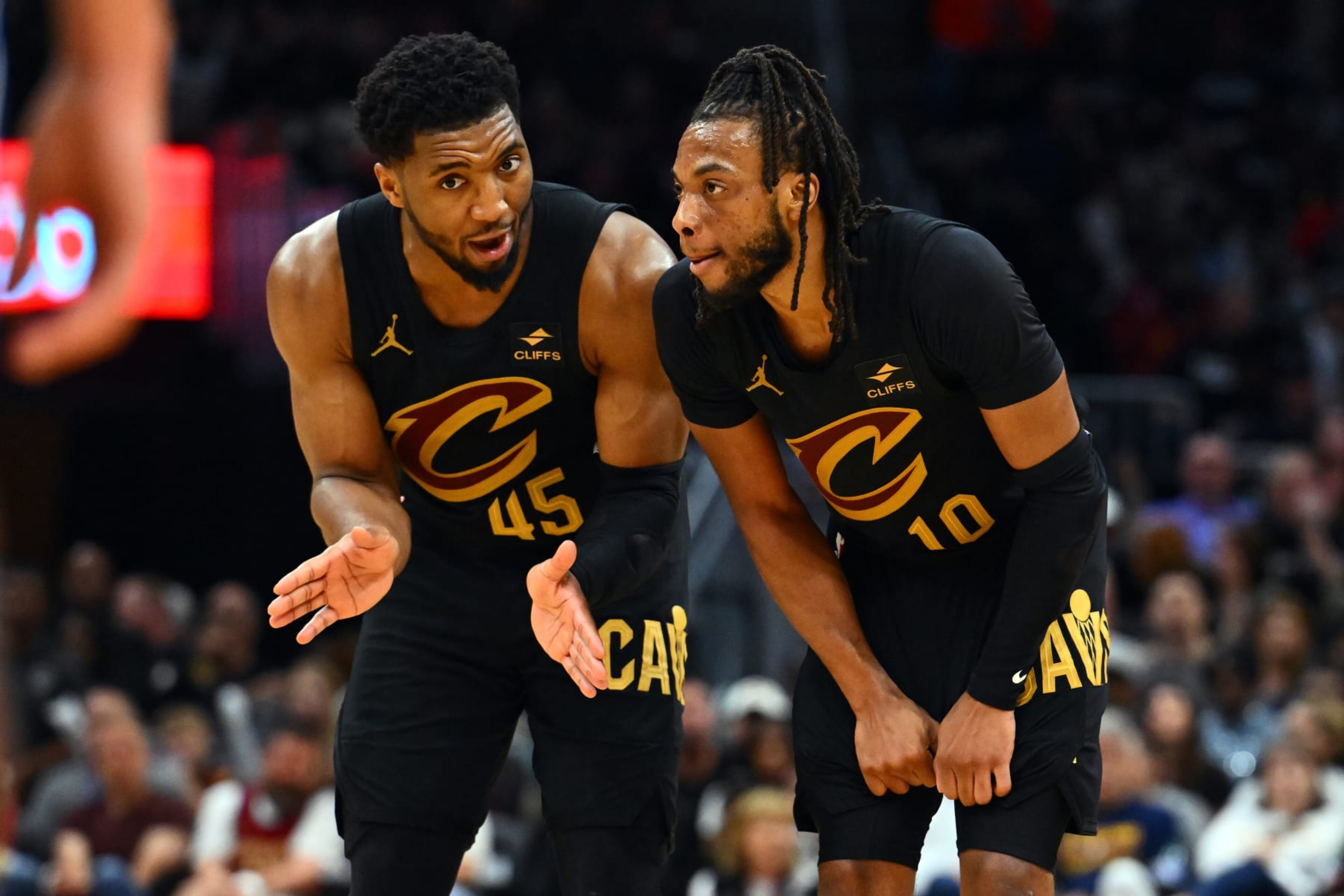 CLEVELAND, OHIO - MAY 05: Donovan Mitchell #45 talks with Darius Garland #10 of the Cleveland Cavaliers during the fourth quarter of Game Seven of the Eastern Conference First Round Playoffs against the Orlando Magic at Rocket Mortgage Fieldhouse on May 05, 2024 in Cleveland, Ohio. The Cavaliers defeated the Magic 106-94. NOTE TO USER: User expressly acknowledges and agrees that, by downloading and/or using this Photograph, user is consenting to the terms and conditions of the Getty Images License Agreement. (Photo by Jason Miller/Getty Images) CLEVELAND, OHIO - MAY 05: Donovan Mitchell #45 talks with Darius Garland #10 of the Cleveland Cavaliers during the fourth quarter of Game Seven of the Eastern Conference First Round Playoffs against the Orlando Magic at Rocket Mortgage Fieldhouse on May 05, 2024 in Cleveland, Ohio. The Cavaliers defeated the Magic 106-94. NOTE TO USER: User expressly acknowledges and agrees that, by downloading and/or using this Photograph, user is consenting to the terms and conditions of the Getty Images License Agreement. (Photo by Jason Miller/Getty Images)