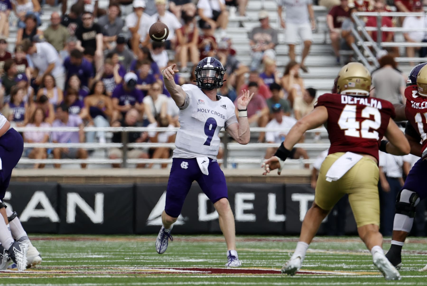 CHESTNUT HILL, MA - SEPTEMBER 09: Holy Cross Crusaders quarterback Matthew Sluka (9) tosses a pass during a game between the Boston College Eagles and the Holy Cross Crusaders on September 9, 2023, at Alumni Stadium in Chestnut Hill, Massachusetts. (Photo by Fred Kfoury III/Icon Sportswire via Getty Images)