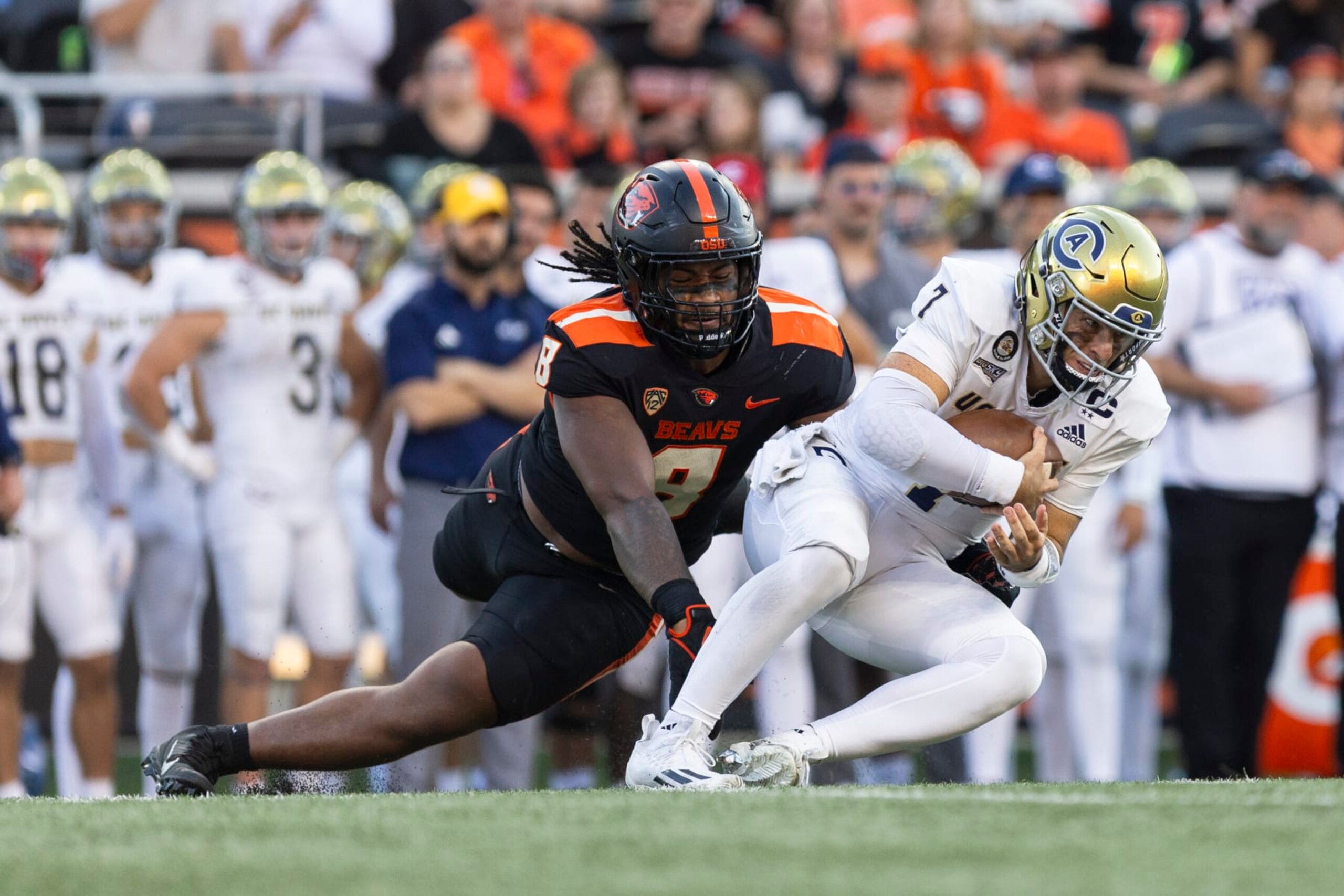 CORVALLIS, OR - SEPTEMBER 09: Oregon State Beavers defensive lineman Sione Lolohea (8) sacks UC Davis Aggies quarterback Miles Hastings (7) during a college football game between the UC Davis Aggies and Oregon State Beavers on September, 9, 2023 at Reser Stadium in Corvallis, OR. (Logan Hannigan-Downs/Icon Sportswire via Getty Images)