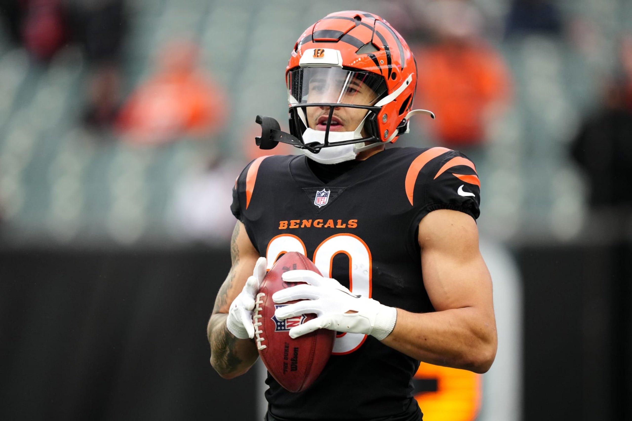 CINCINNATI, OHIO - JANUARY 07: Chase Brown #30 of the Cincinnati Bengals warms up prior to the game against the Cleveland Browns at Paycor Stadium on January 07, 2024 in Cincinnati, Ohio. (Photo by Dylan Buell/Getty Images)
