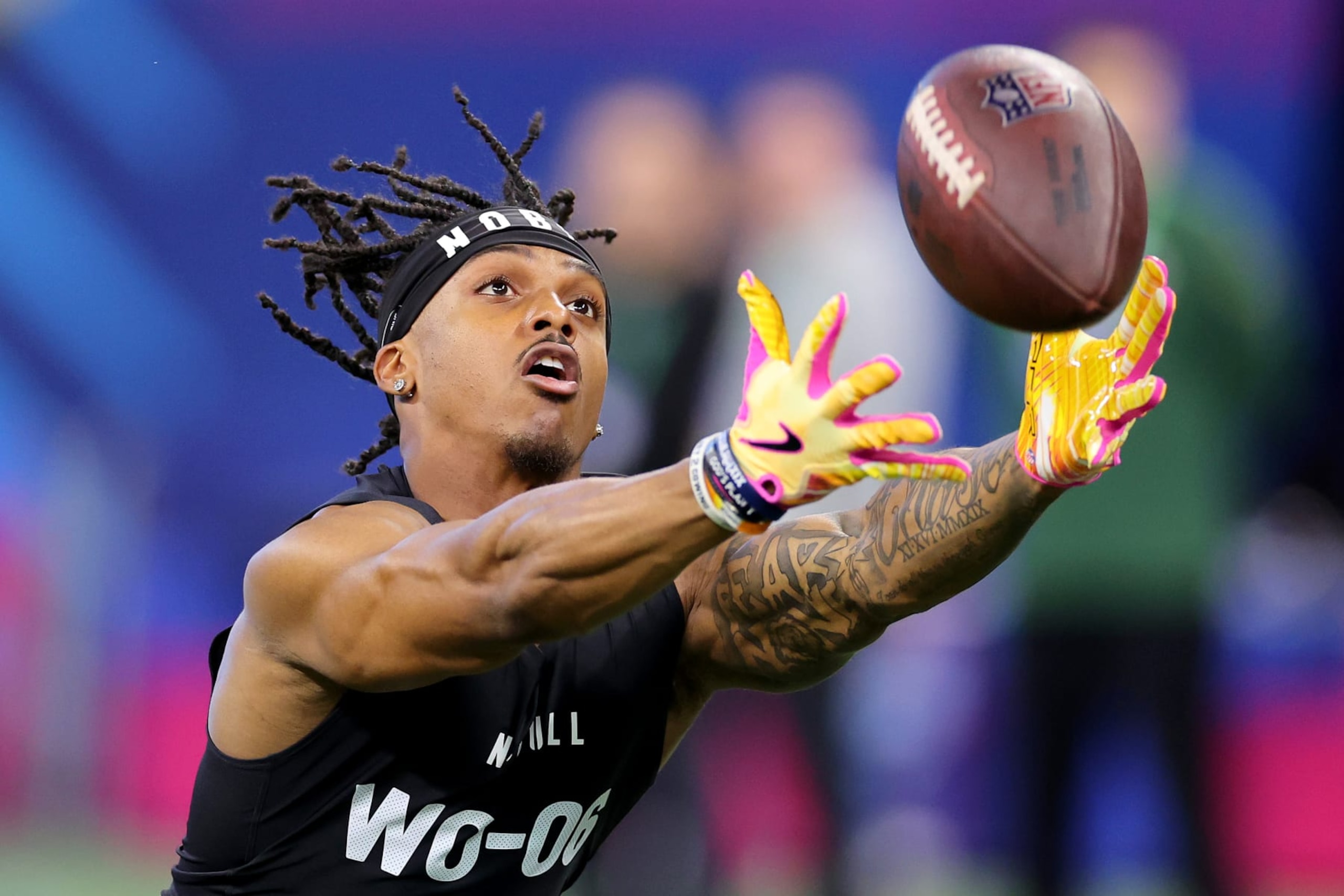 INDIANAPOLIS, INDIANA - MARCH 02: Jacob Cowing #WO06 of Arizona participates in a drill during the NFL Combine at Lucas Oil Stadium on March 02, 2024 in Indianapolis, Indiana. (Photo by Stacy Revere/Getty Images)