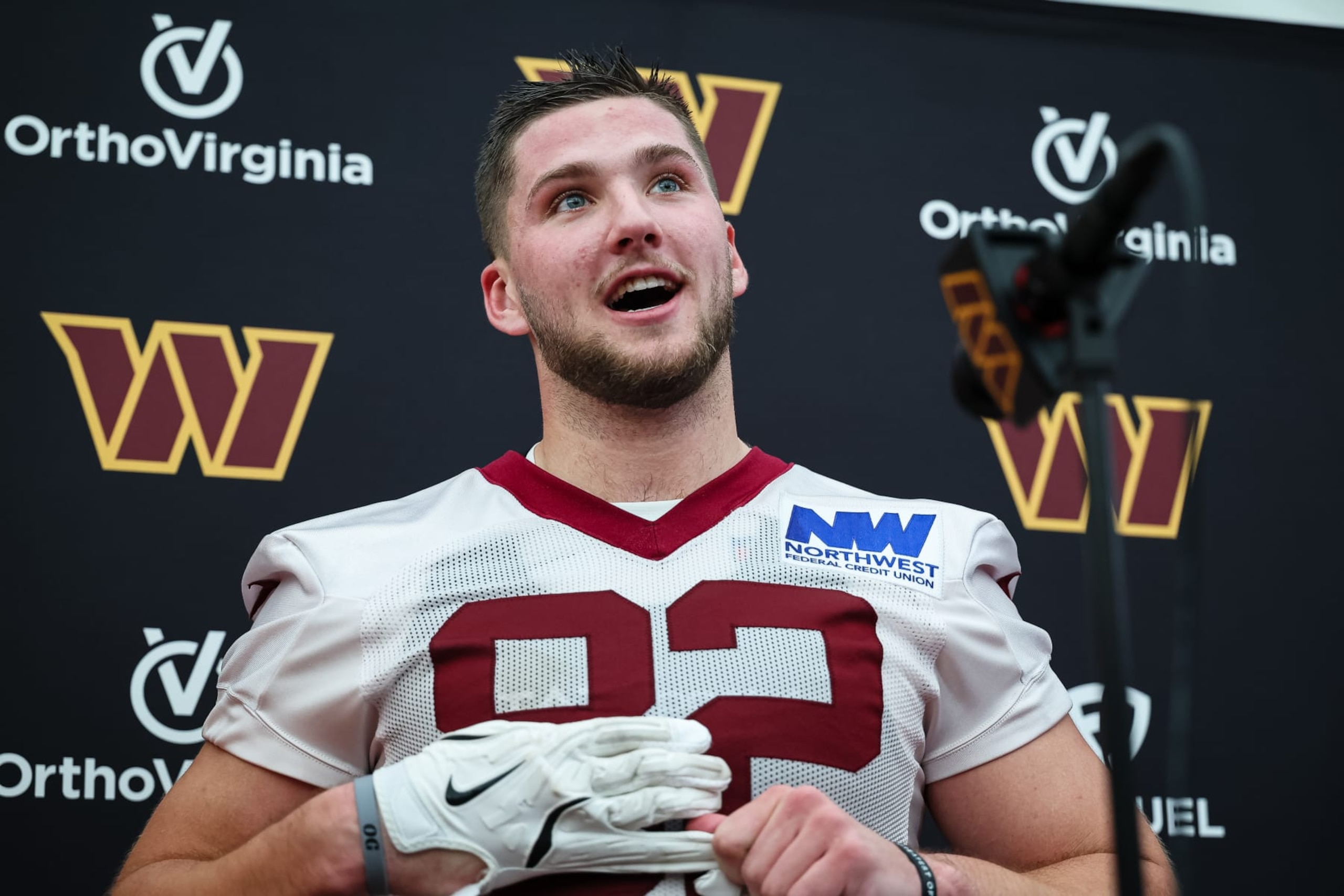 ASHBURN, VA - MAY 10: Ben Sinnott #82 of the Washington Commanders speaks with the media during Washington Commanders Rookie Minicamp at OrthoVirginia Training Center on May 10, 2024 in Ashburn, Virginia. (Photo by Scott Taetsch/Getty Images)