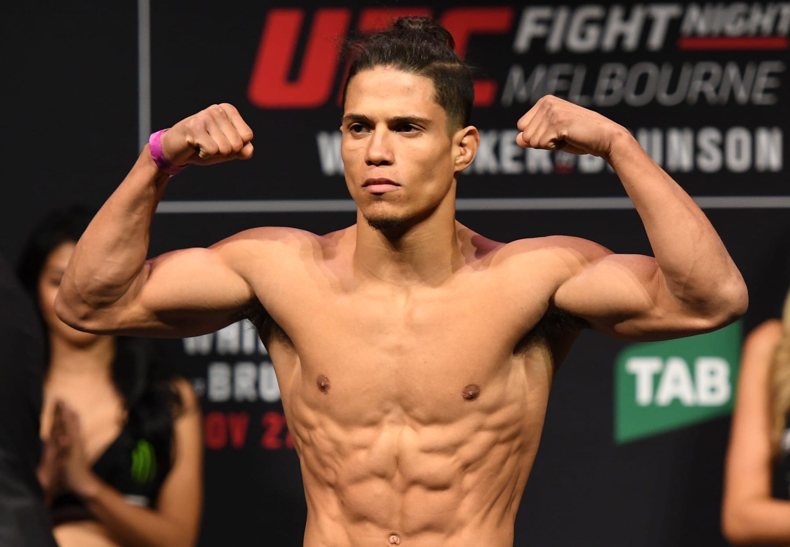 MELBOURNE, AUSTRALIA - NOVEMBER 26:   Geane Herrera poses on the scale during the UFC weigh-in at Rod Laver Arena on November 26, 2016 in Melbourne, Australia. (Photo by Jeff Bottari/Zuffa LLC/Zuffa LLC via Getty Images)