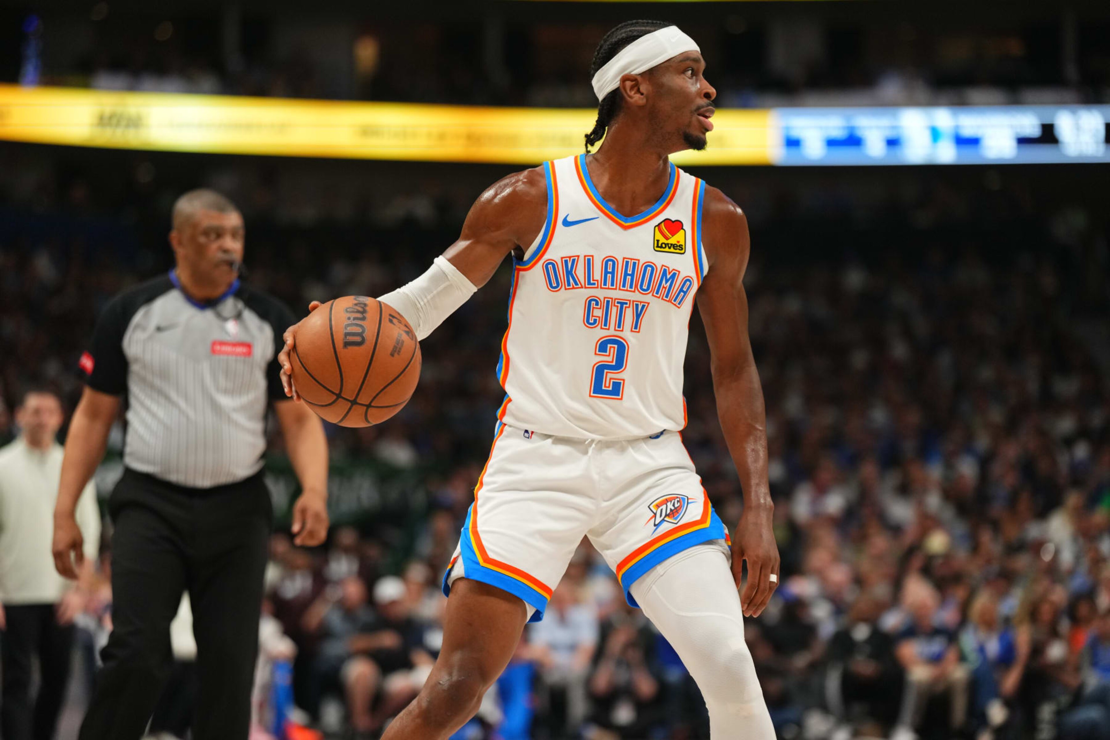 DALLAS, TX - MAY 18: Shai Gilgeous-Alexander #2 of the Oklahoma City Thunder handles the ball during the game against the Dallas Mavericks during Round 2 Game 6 of the 2024 NBA Playoffs on May 18, 2024 at the American Airlines Center in Dallas, Texas. NOTE TO USER: User expressly acknowledges and agrees that, by downloading and or using this photograph, User is consenting to the terms and conditions of the Getty Images License Agreement. Mandatory Copyright Notice: Copyright 2024 NBAE (Photo by Cooper Neill/NBAE via Getty Images) DALLAS, TX - MAY 18: Shai Gilgeous-Alexander #2 of the Oklahoma City Thunder handles the ball during the game against the Dallas Mavericks during Round 2 Game 6 of the 2024 NBA Playoffs on May 18, 2024 at the American Airlines Center in Dallas, Texas. NOTE TO USER: User expressly acknowledges and agrees that, by downloading and or using this photograph, User is consenting to the terms and conditions of the Getty Images License Agreement. Mandatory Copyright Notice: Copyright 2024 NBAE (Photo by Cooper Neill/NBAE via Getty Images)