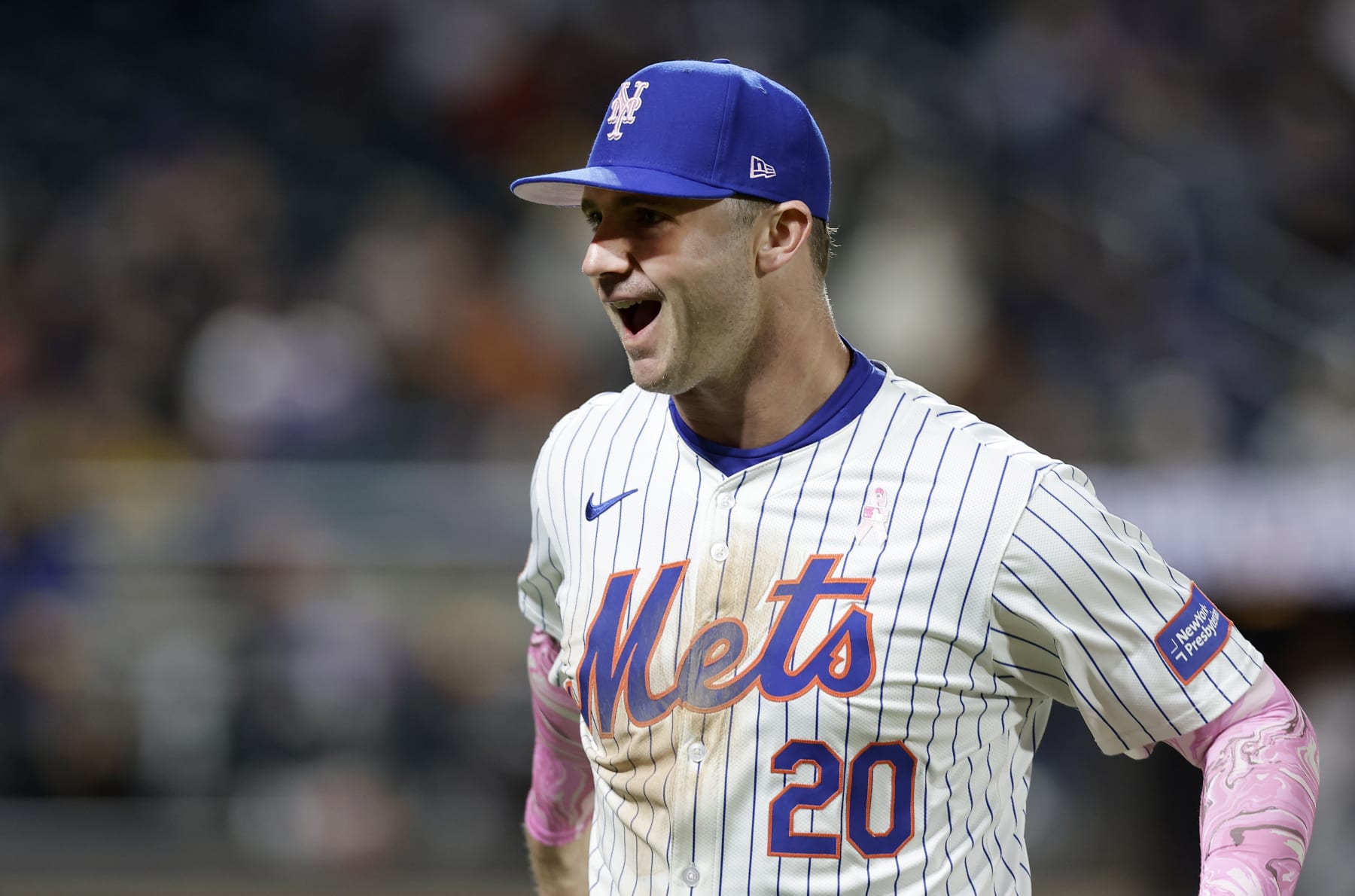 NEW YORK, NEW YORK - MAY 12:  Pete Alonso #20 of the New York Mets in action against the Atlanta Braves at Citi Field on May 12, 2024 in New York City. The Mets defeated the Braves 4-3. (Photo by Jim McIsaac/Getty Images)
