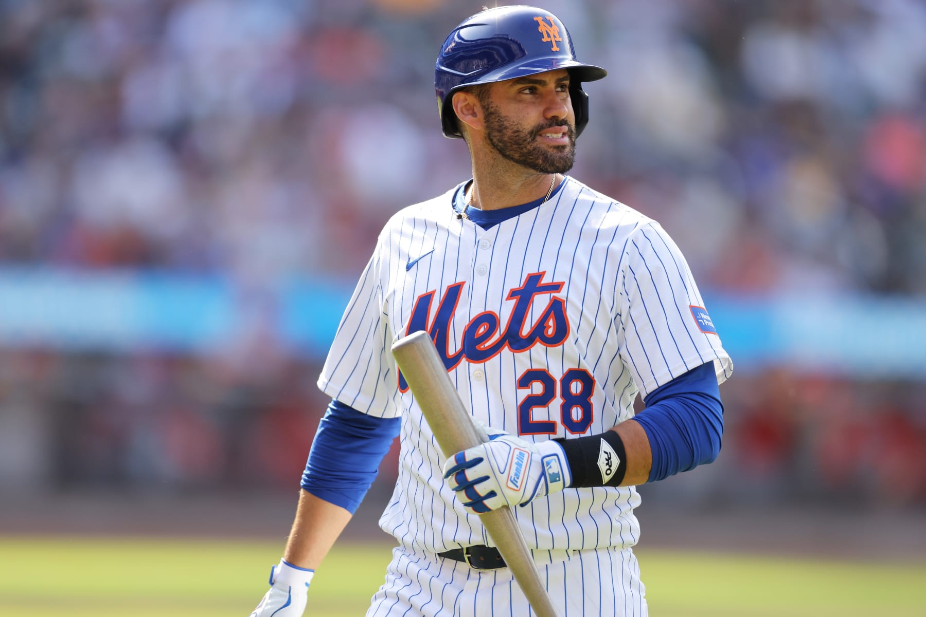 NEW YORK, NEW YORK - APRIL 28: J.D. Martinez #28 of the New York Mets in action against the St. Louis Cardinals  at Citi Field on April 28, 2024 in New York City. New York Mets defeated the St. Louis Cardinals 4-2 in 11 innings. (Photo by Mike Stobe/Getty Images)