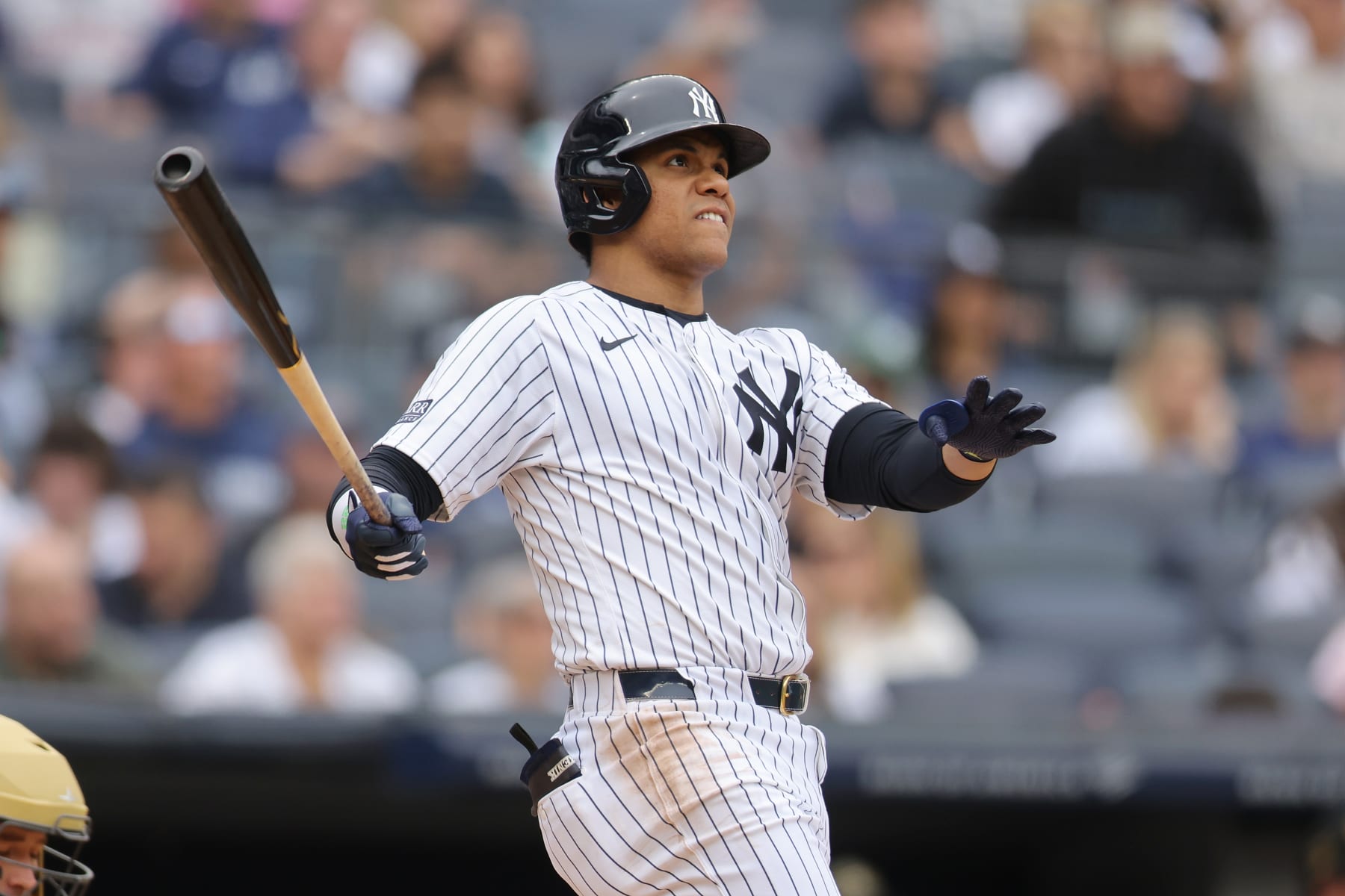 NEW YORK, NEW YORK - MAY 18: Juan Soto #22 of the New York Yankees hits a home run in the fifth inning against the Chicago White Sox at Yankee Stadium on May 18, 2024 in New York City. New York Yankees defeated the Chicago White Sox 6-1. (Photo by Mike Stobe/Getty Images)