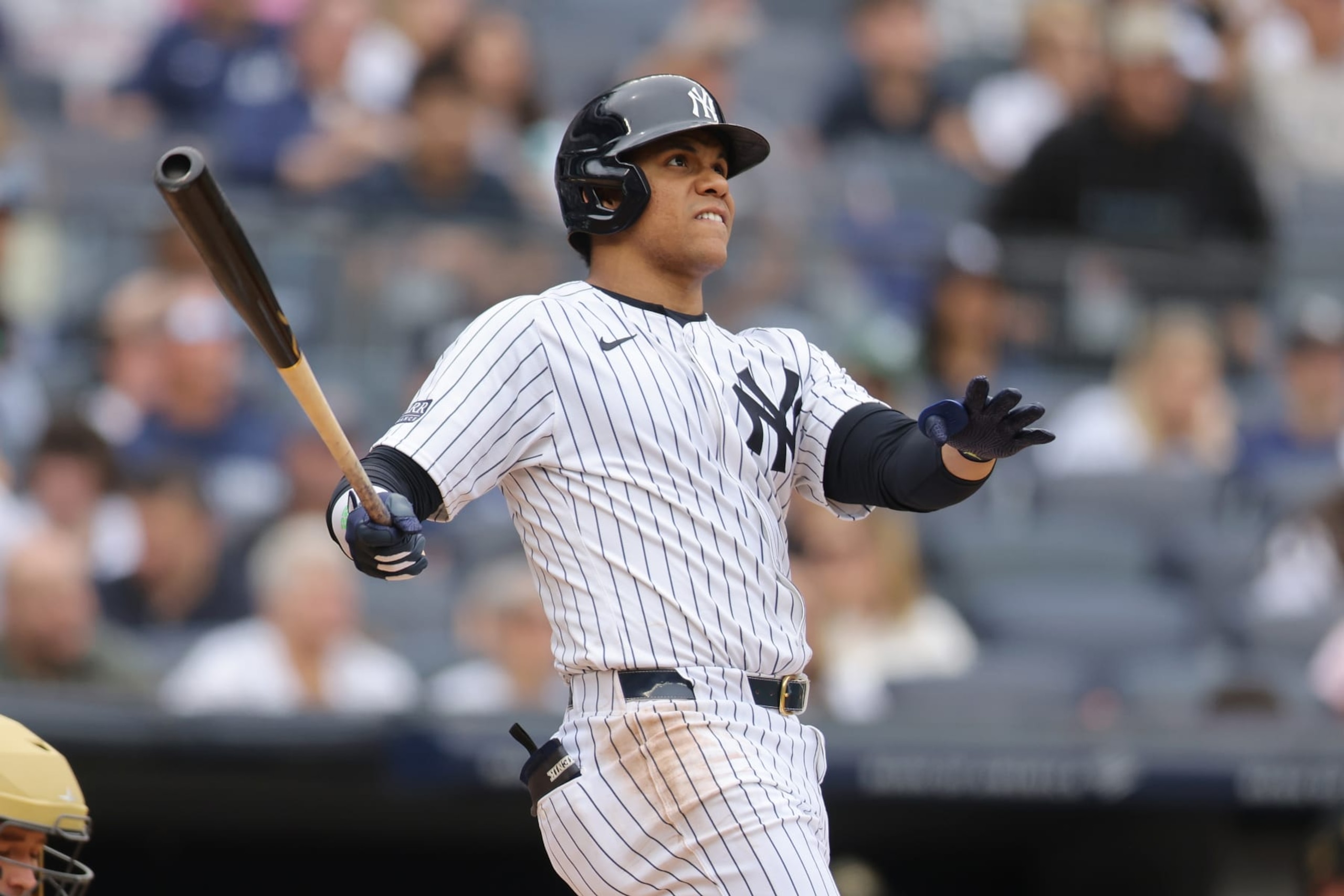 NEW YORK, NEW YORK - MAY 18: Juan Soto #22 of the New York Yankees hits a home run in the fifth inning against the Chicago White Sox at Yankee Stadium on May 18, 2024 in New York City. New York Yankees defeated the Chicago White Sox 6-1. (Photo by Mike Stobe/Getty Images)