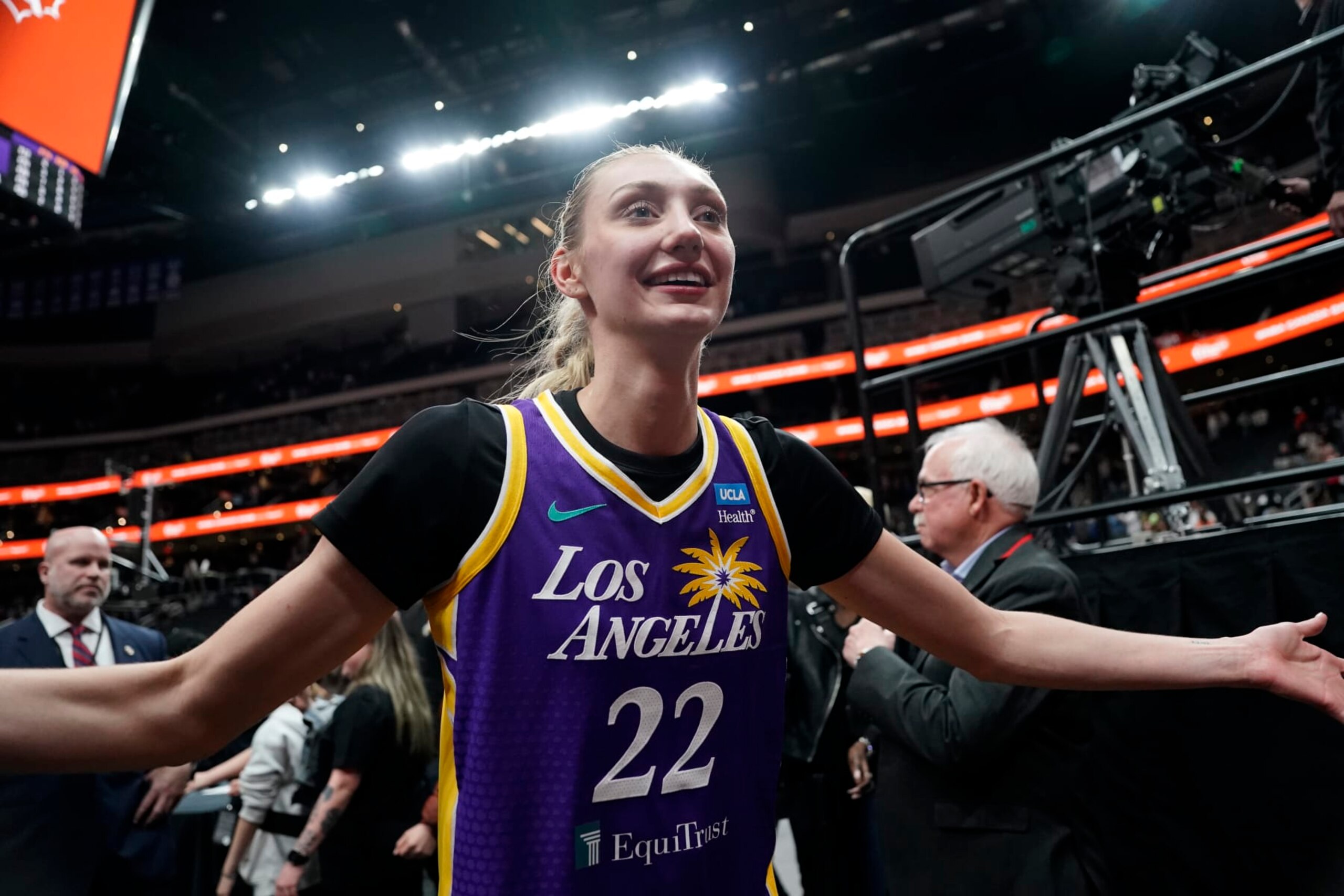 EDMONTON, CANADA - MAY 4: Cameron Brink #22 of the Los Angeles Sparks smiles after the game against the Seattle Storm during the WNBA preseason game on May 4, 2024 at Rodgers Place in Edmonton, Canada. NOTE TO USER: User expressly acknowledges and agrees that, by downloading and/or using this Photograph, user is consenting to the terms and conditions of the Getty Images License Agreement. Mandatory Copyright Notice: Copyright 2024 NBAE (Photo by Jordan Jones/NBAE via Getty Images)