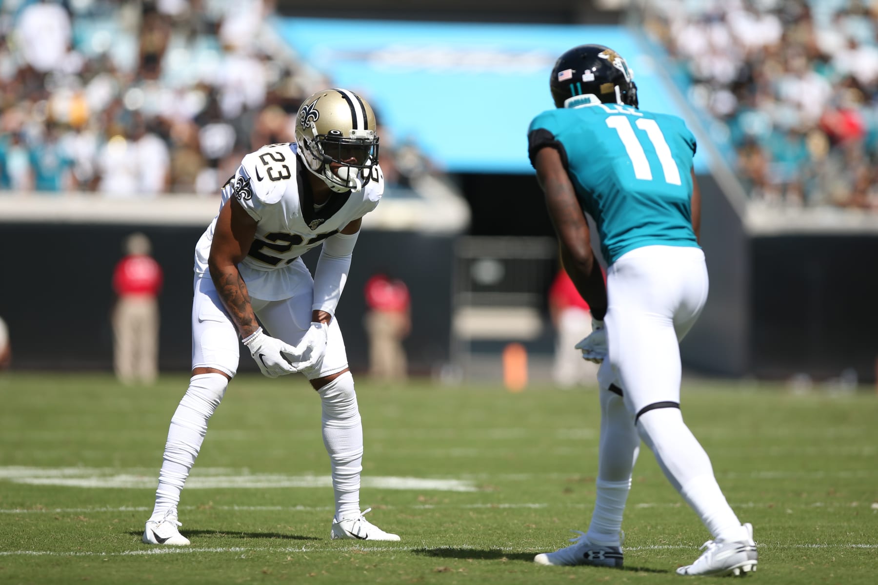 JACKSONVILLE, FL - OCTOBER 13: New Orleans Saints Cornerback Marshon Lattimore (23) lines up opposite of Jacksonville Jaguars Wide Receiver Marqise Lee (11) during the game between the New Orleans Saints and the Jacksonville Jaguars on October 13, 2019 at TIAA Bank Field in Jacksonville, Fl. (Photo by David Rosenblum/Icon Sportswire via Getty Images)