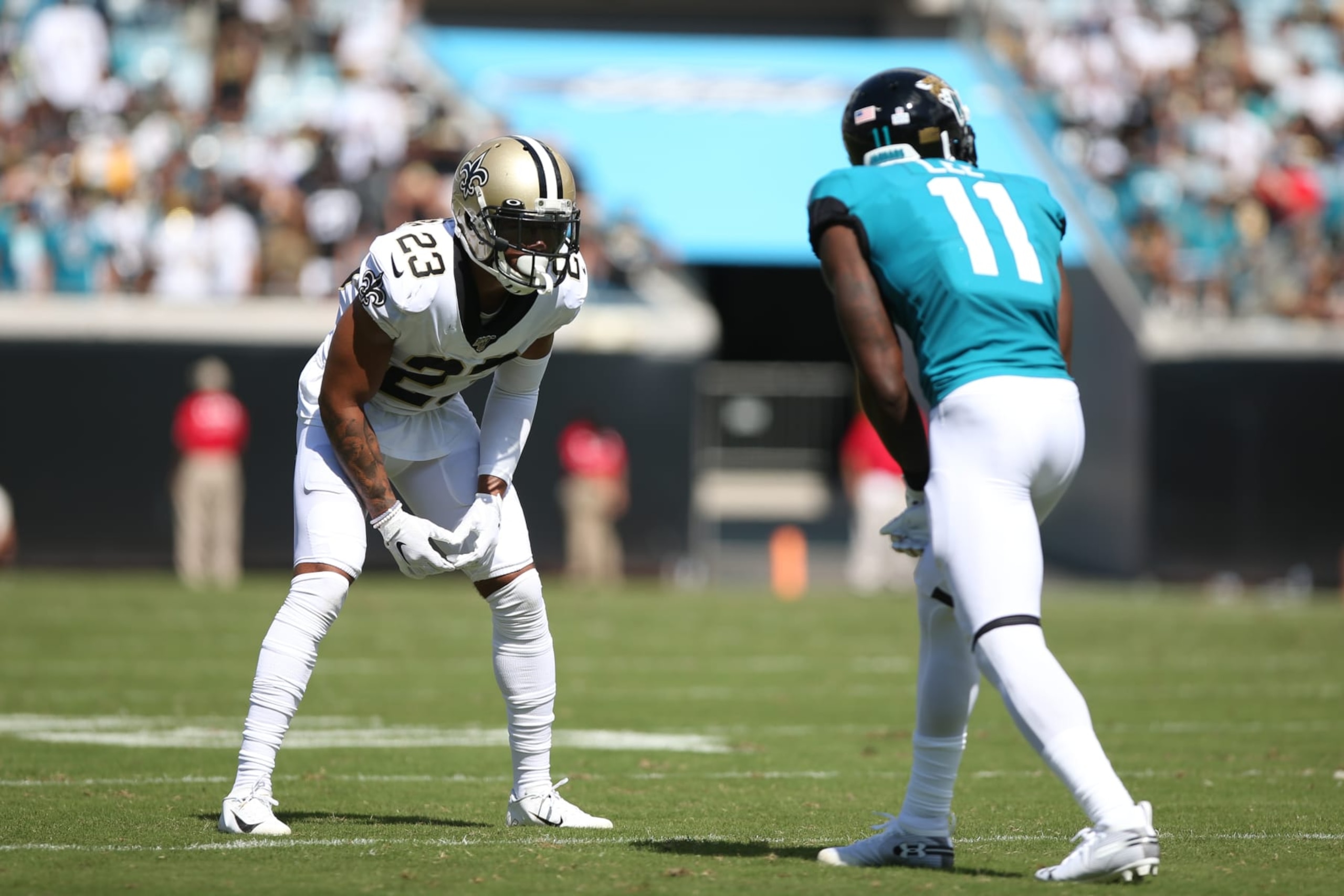 JACKSONVILLE, FL - OCTOBER 13: New Orleans Saints Cornerback Marshon Lattimore (23) lines up opposite of Jacksonville Jaguars Wide Receiver Marqise Lee (11) during the game between the New Orleans Saints and the Jacksonville Jaguars on October 13, 2019 at TIAA Bank Field in Jacksonville, Fl. (Photo by David Rosenblum/Icon Sportswire via Getty Images)