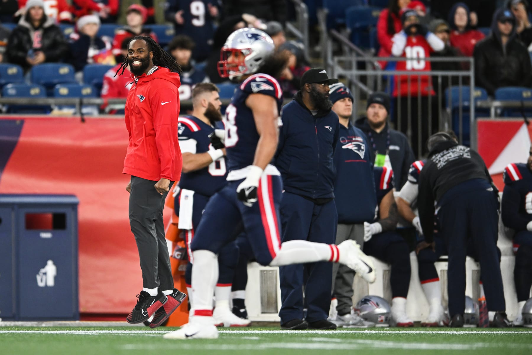 FOXBORO, MA - DECEMBER 17: Matthew Judon #9 of the New England Patriots reacts after a defensive stop during the second half against the Kansas City Chiefs at Gillette Stadium on December 17, 2023 in Foxboro, Massachusetts. (Photo by Kathryn Riley/Getty Images)