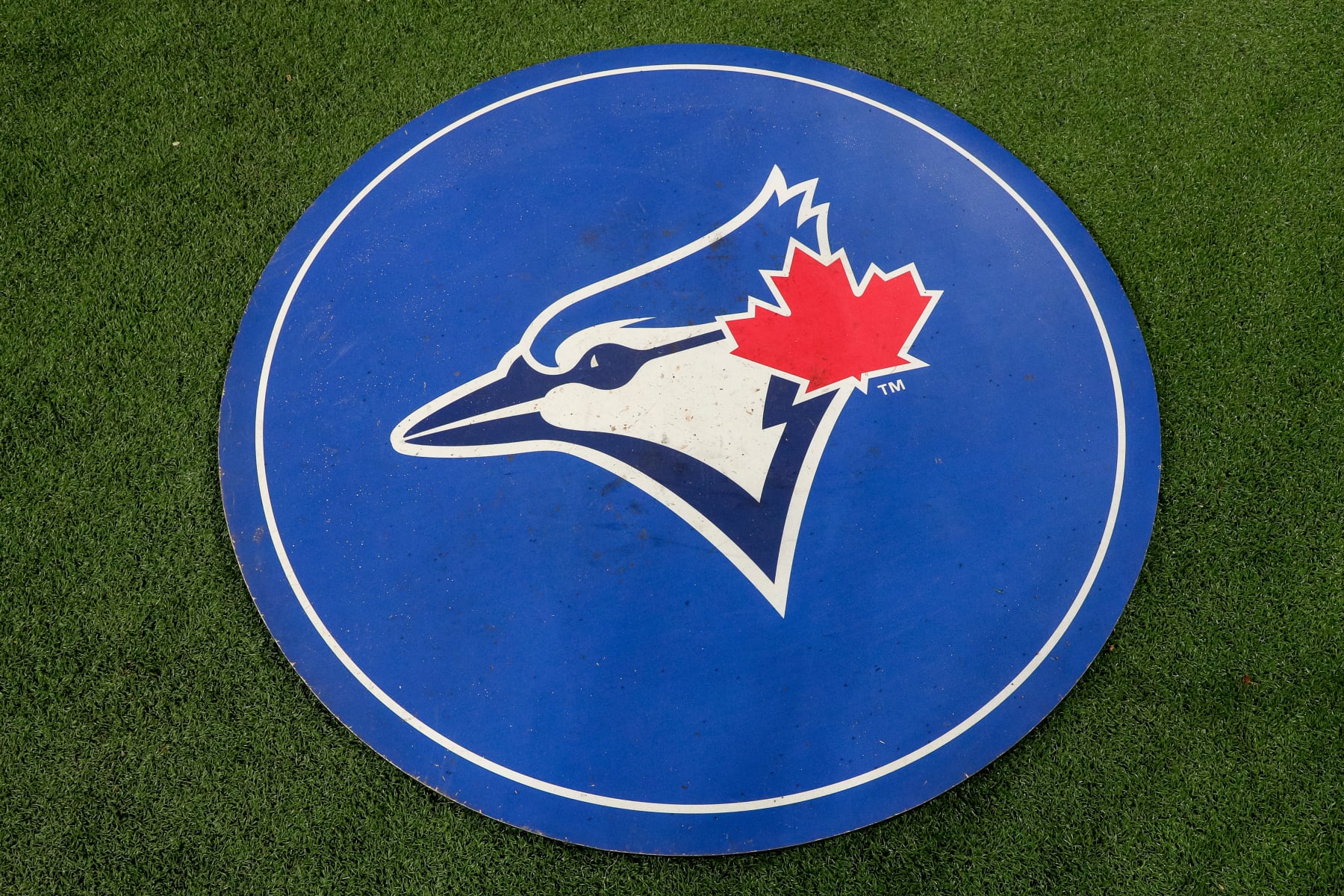 TORONTO, ON - AUGUST 01: Detail view of a Blue Jays logo on a batting circle prior to a regular season game between the Baltimore Orioles and Toronto Blue Jays on August 01, 2023 at Rogers Centre in Toronto, ON. (Photo by Brandon Sloter/Icon Sportswire via Getty Images)