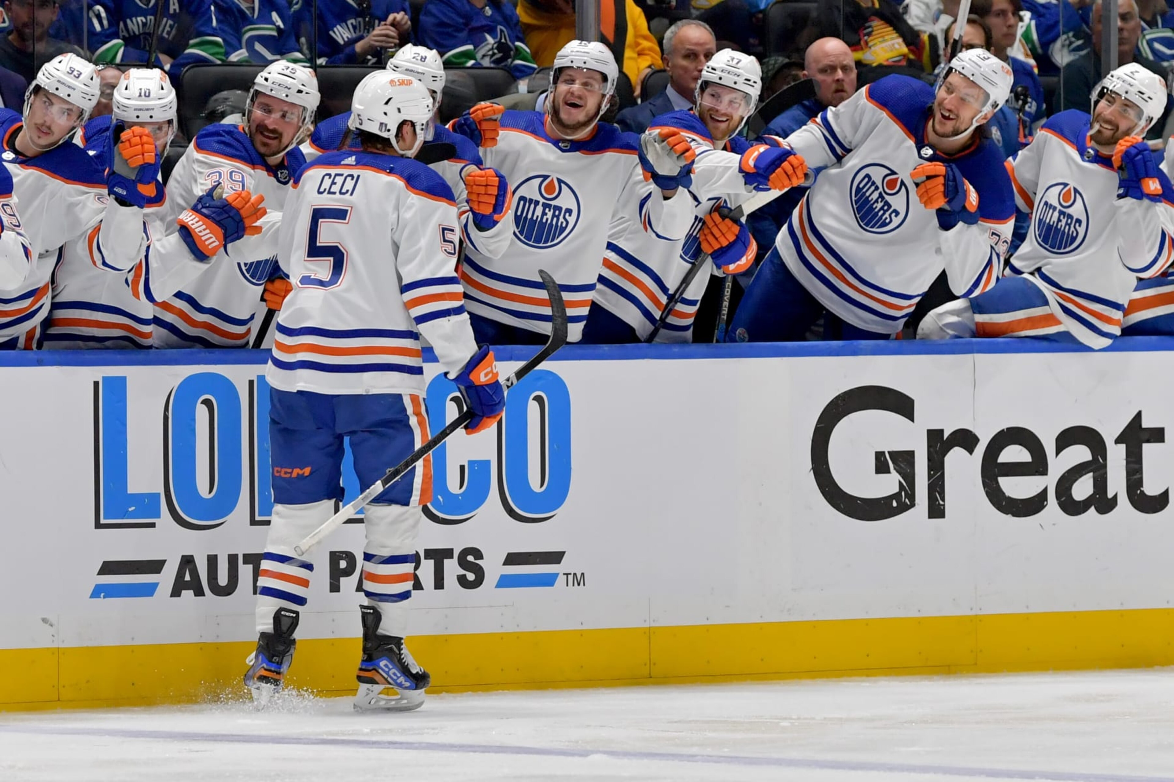 VANCOUVER, BRITISH COLUMBIA - MAY 20: Cody Ceci #5 of the Edmonton Oilers celebrates with teammates after his goal during the second period in Game Seven of the Second Round of the 2024 Stanley Cup Playoffs at Rogers Arena on May 20, 2024 in Vancouver, British Columbia. (Photo by Derek Cain/Getty Images) VANCOUVER, BRITISH COLUMBIA - MAY 20: Cody Ceci #5 of the Edmonton Oilers celebrates with teammates after his goal during the second period in Game Seven of the Second Round of the 2024 Stanley Cup Playoffs at Rogers Arena on May 20, 2024 in Vancouver, British Columbia. (Photo by Derek Cain/Getty Images)