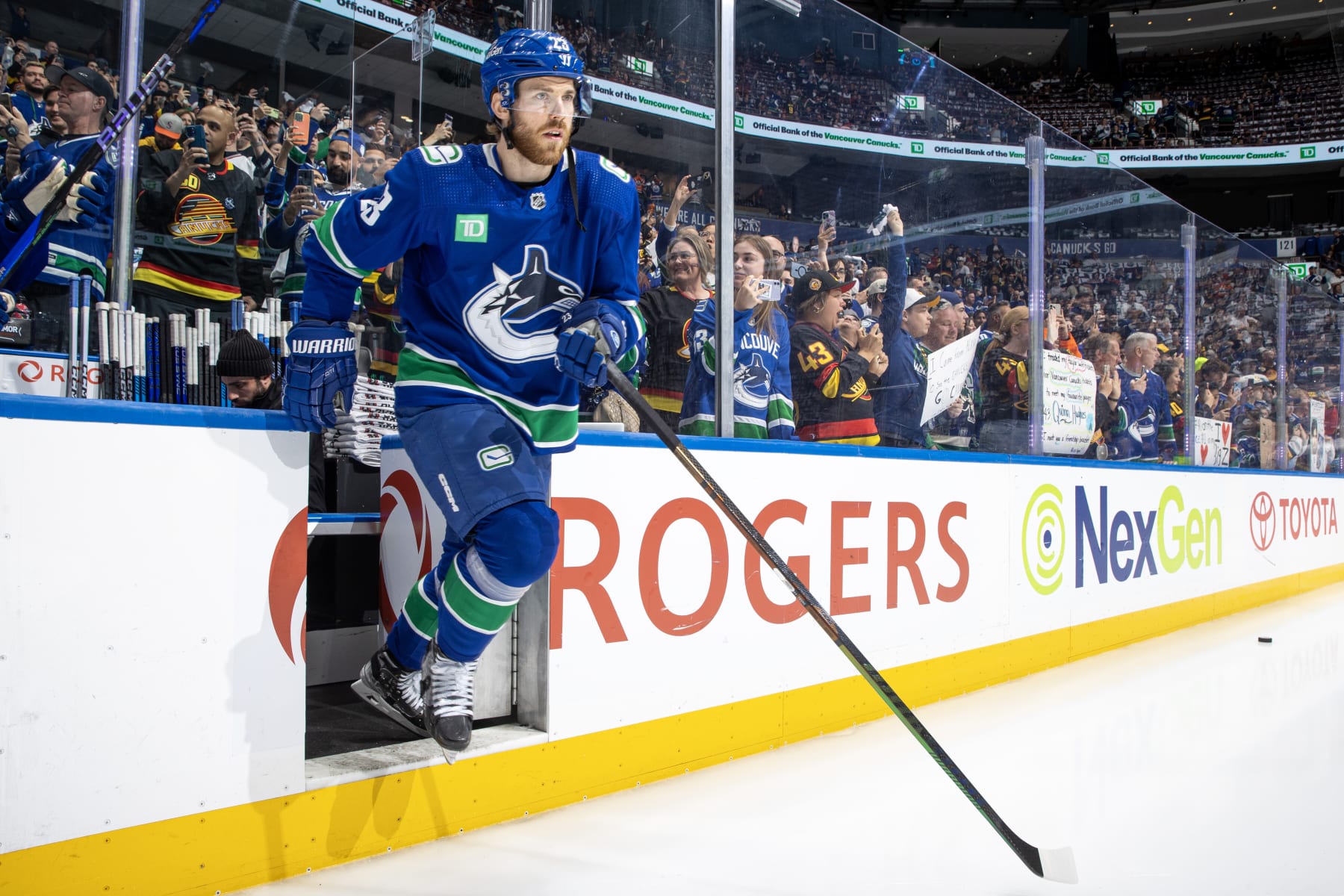 VANCOUVER, CANADA - MAY 20: Elias Lindholm #23 of the Vancouver Canucks steps onto the ice during warmup before Game Seven of the Second Round of the 2024 Stanley Cup Playoffs at Rogers Arena on May 20, 2024 in Vancouver, British Columbia, Canada.  (Photo by Jeff Vinnick/NHLI via Getty Images)
