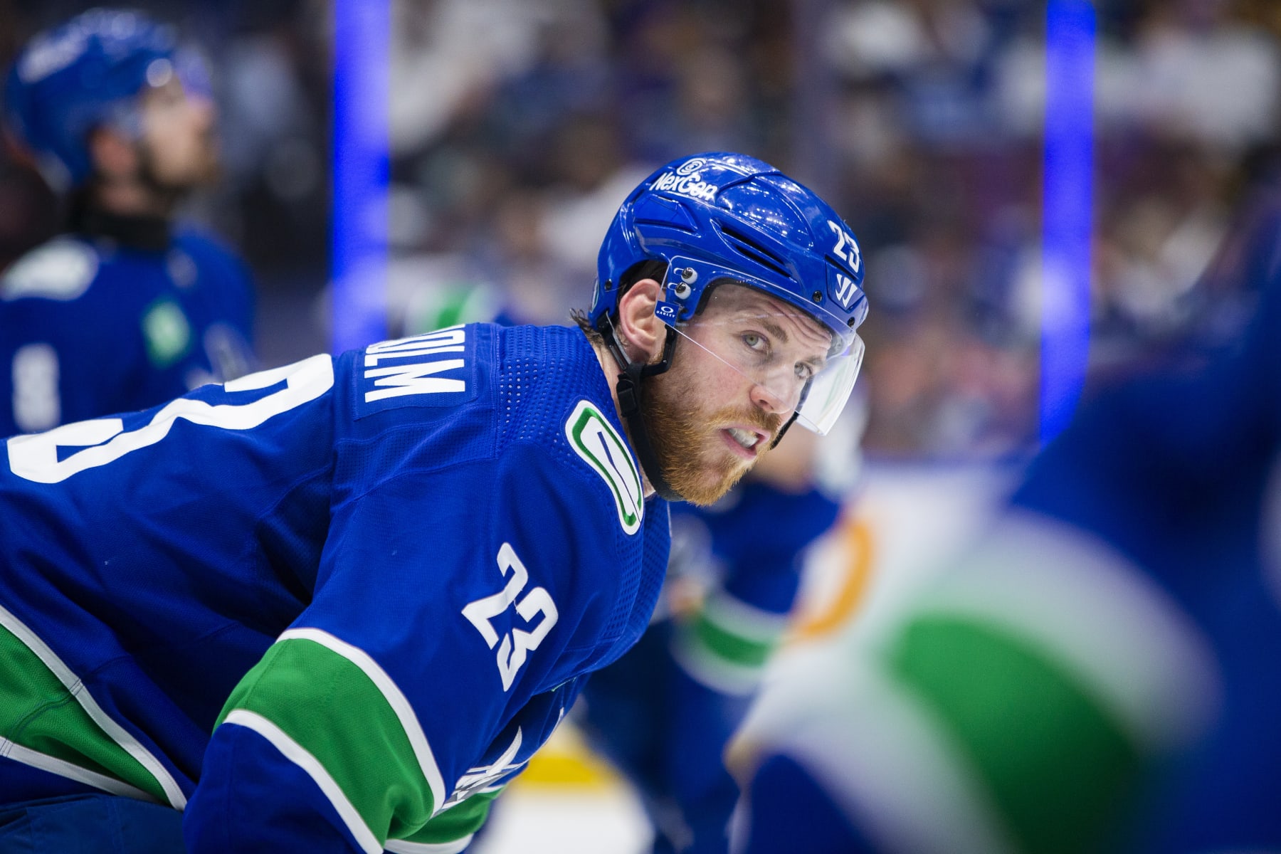 VANCOUVER, BC - MAY 08: Vancouver Canucks Centre Elias Lindholm (23) waiting for a face-off during Game Two of the Second Round of the 2024 Stanley Cup playoffs between the Edmonton Oilers and the Vancouver Canucks on May 10, 2024, at Rogers Arena in Vancouver, B.C. (Photo by Jamie Douglas/Icon Sportswire via Getty Images)