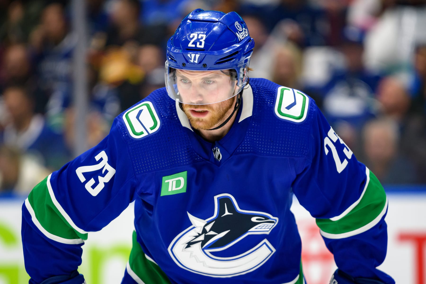 VANCOUVER, CANADA - MAY 8: Elias Lindholm #23 of the Vancouver Canucks waits for a face-off during the first period in Game One of the Second Round of the 2024 Stanley Cup Playoffs against the Edmonton Oilers at Rogers Arena on May 8, 2024 in Vancouver, British Columbia, Canada. (Photo by Derek Cain/Getty Images)